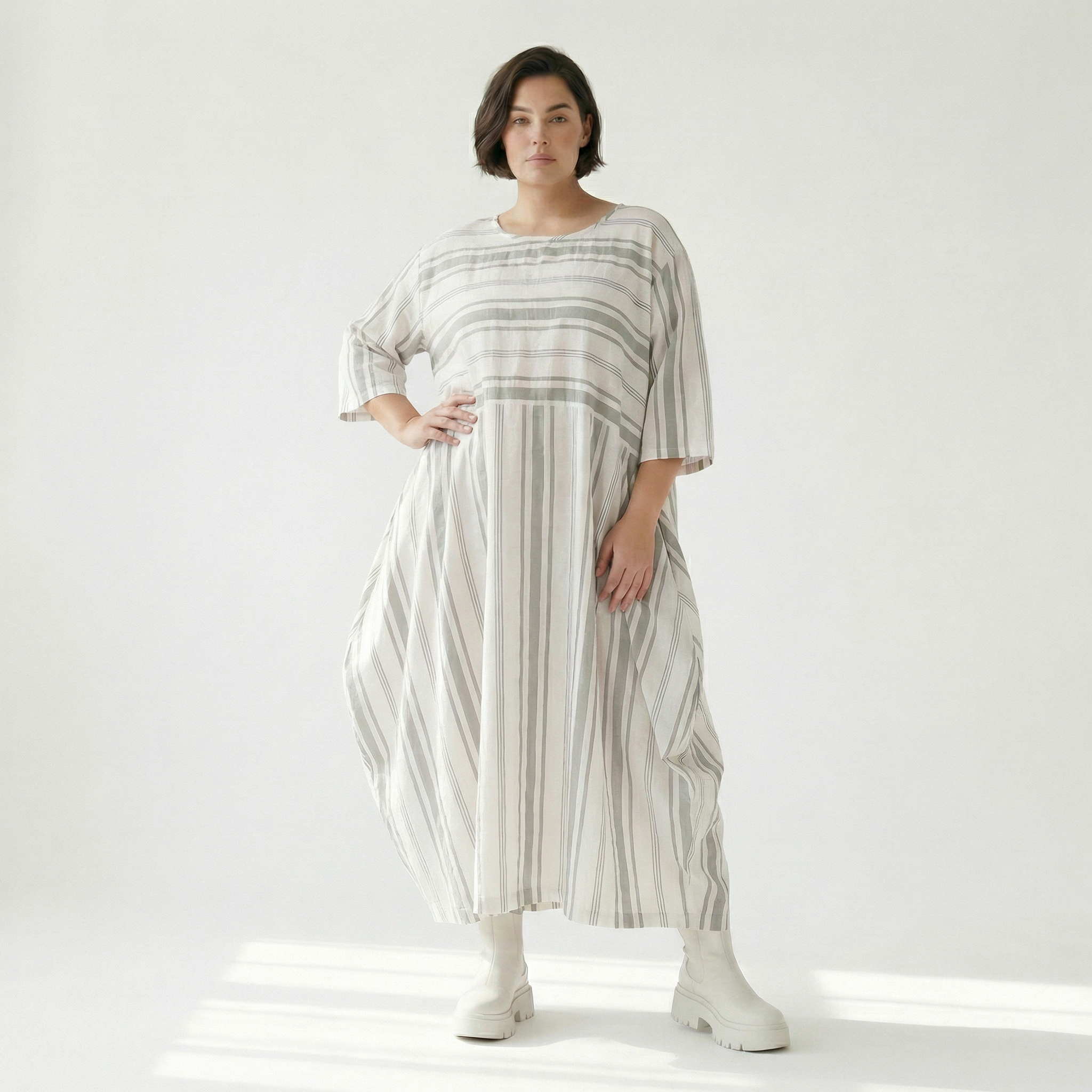  Ballonkleid von AKH Fashion aus Baumwolle, 1420.01926, Weiß/Kiwi, Blockstreifen, Schick