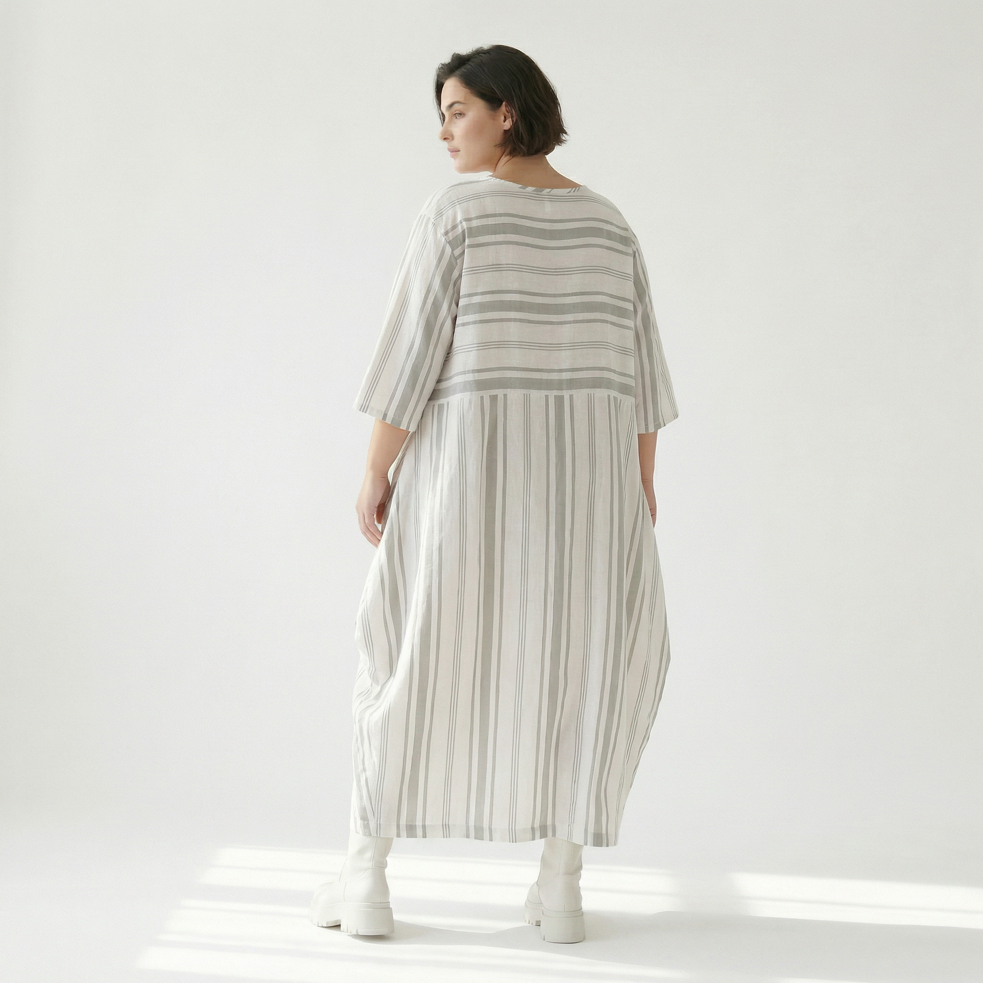  Ballonkleid von AKH Fashion aus Baumwolle, 1420.01926, Weiß/Kiwi, Blockstreifen, Schick