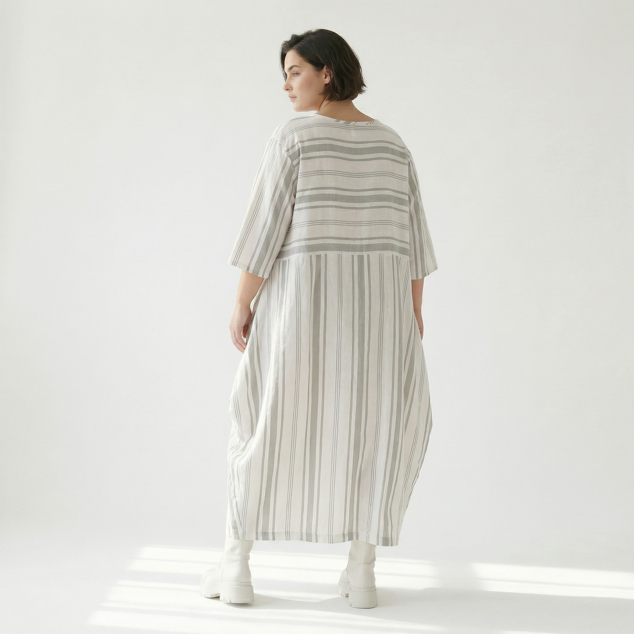  Ballonkleid von AKH Fashion aus Baumwolle, 1420.01926, Weiß/Kiwi, Blockstreifen, Schick