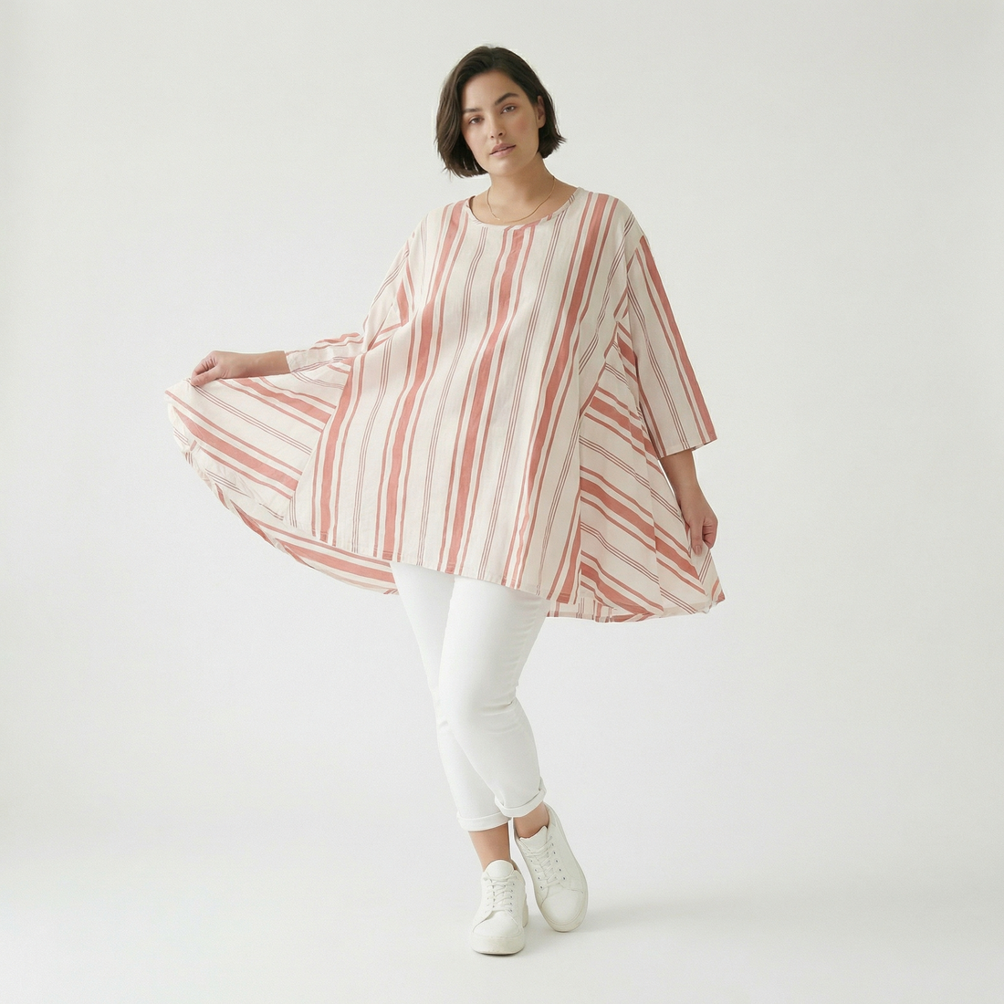  A-Form Bigshirt von AKH Fashion aus Baumwolle, 1420.00593, Weiß/Apricot, Blockstreifen