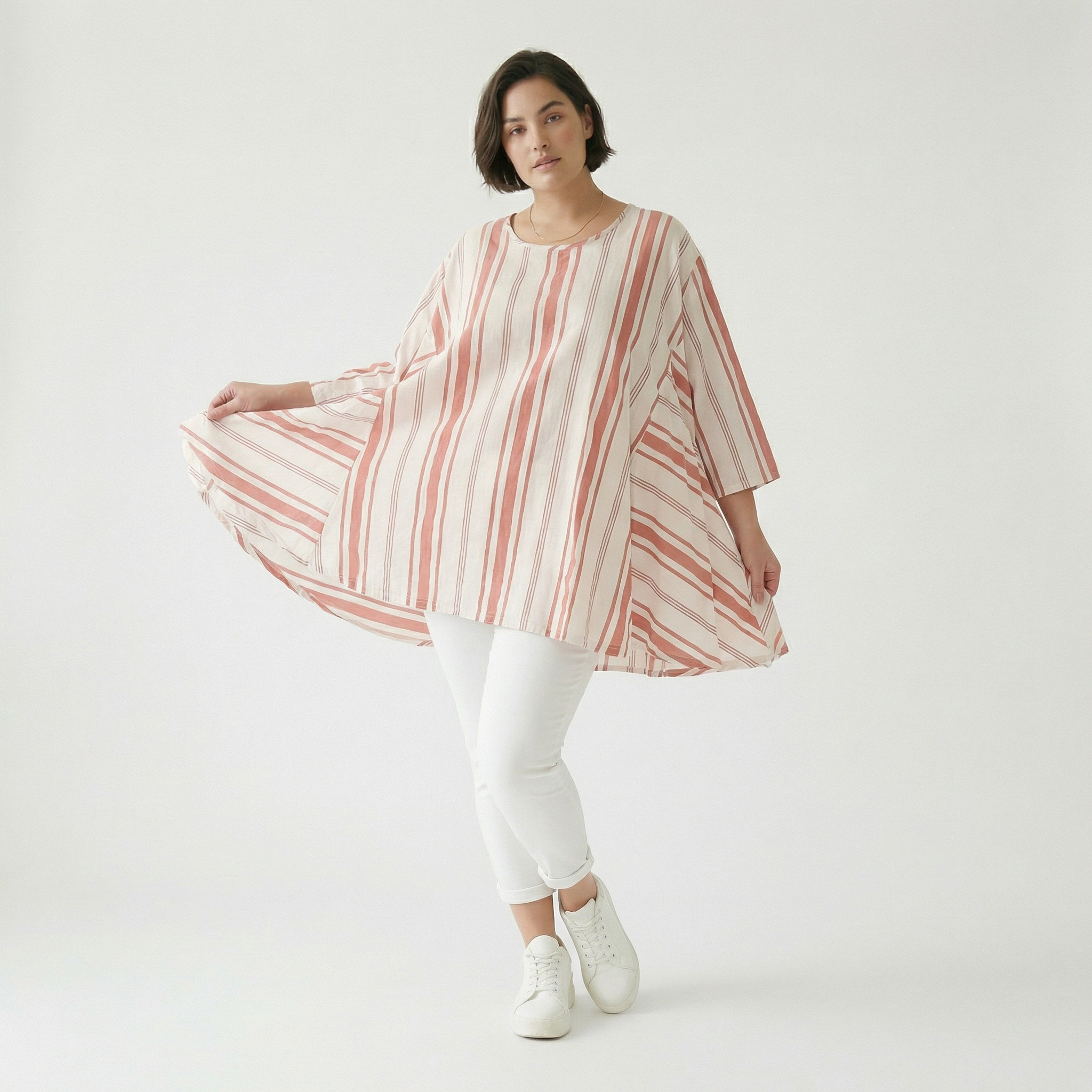  A-Form Bigshirt von AKH Fashion aus Baumwolle, 1420.00593, Weiß/Apricot, Blockstreifen