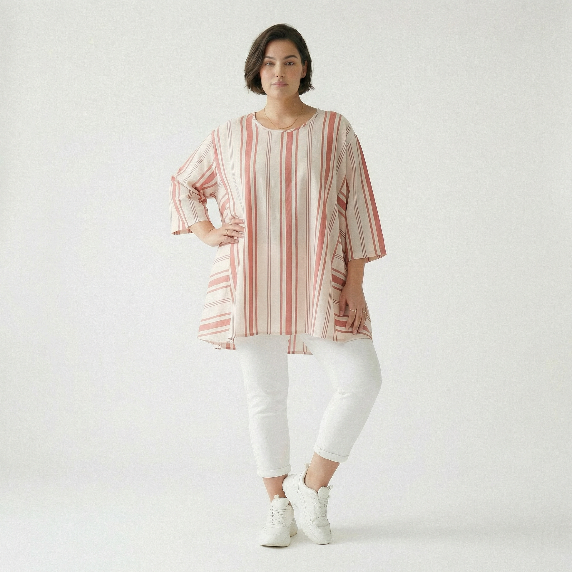  A-Form Bigshirt von AKH Fashion aus Baumwolle, 1420.00593, Weiß/Apricot, Blockstreifen