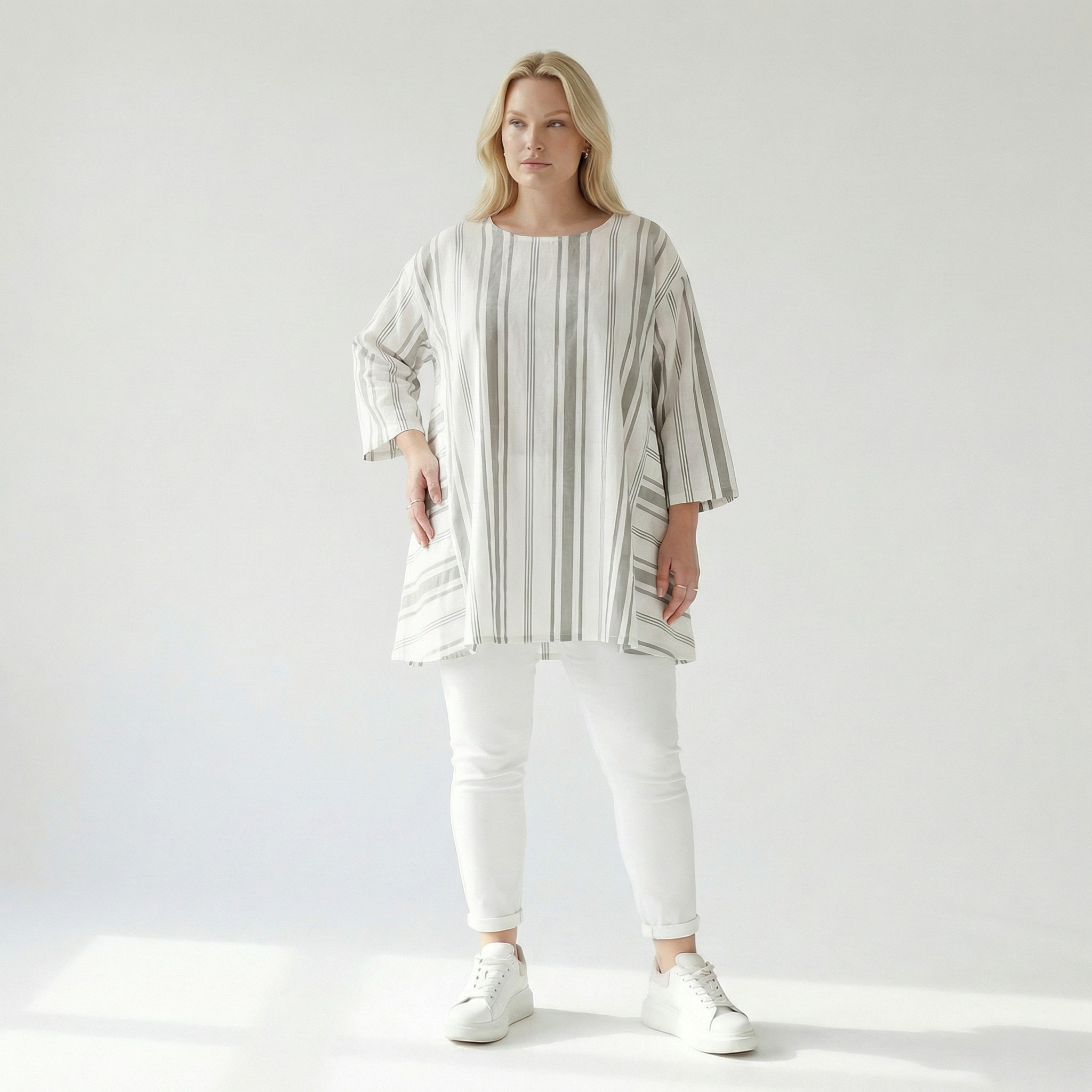  A-Form Bigshirt von AKH Fashion aus Baumwolle, 1420.00593, Weiß/Kiwi, Blockstreifen, Schick