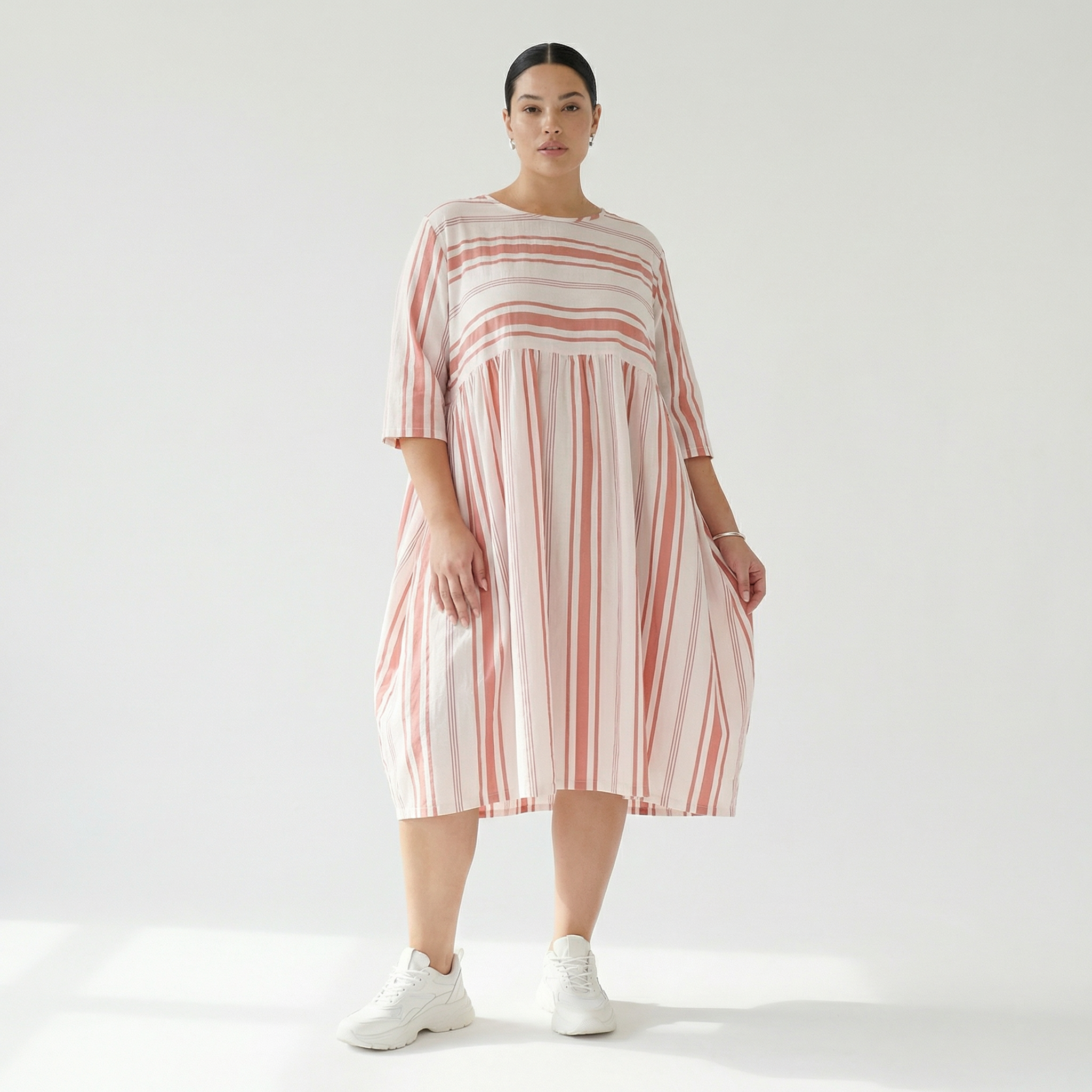  Ballonkleid von AKH Fashion aus Baumwolle, 1420.06698, Weiß/Apricot, Blockstreifen, Schick