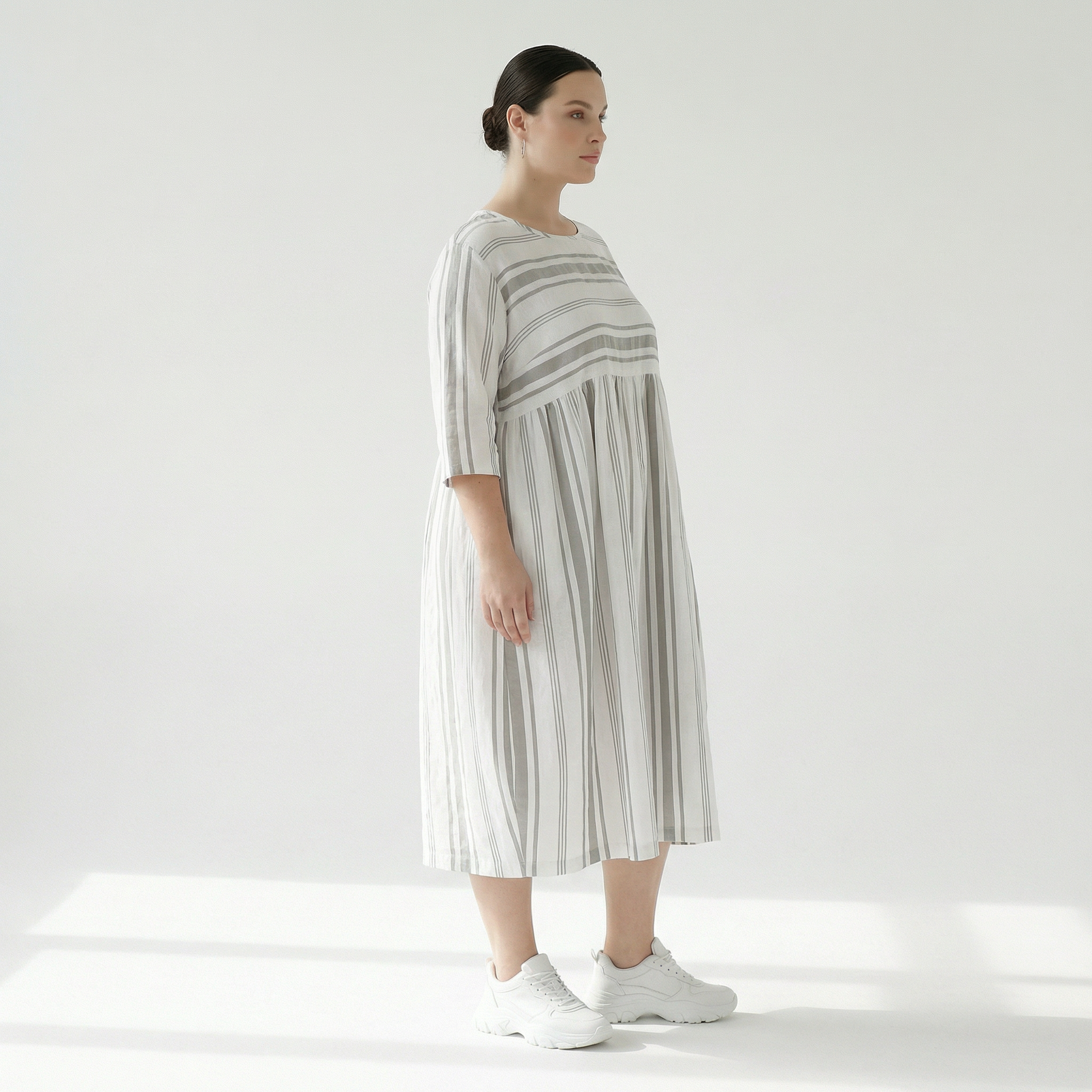  Ballonkleid von AKH Fashion aus Baumwolle, 1420.06698, Weiß/Kiwi, Blockstreifen, Schick