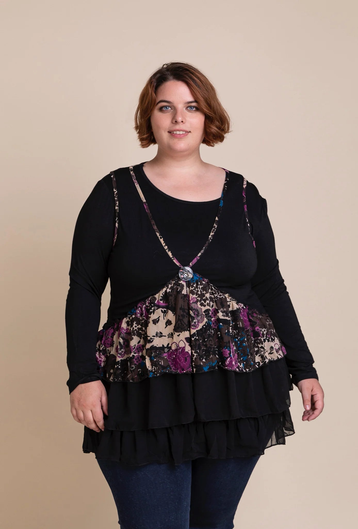  Pomme Rouge Top in gerader Form, aus Baumwolle, A168, Violett-Multi, Blumen, Schick