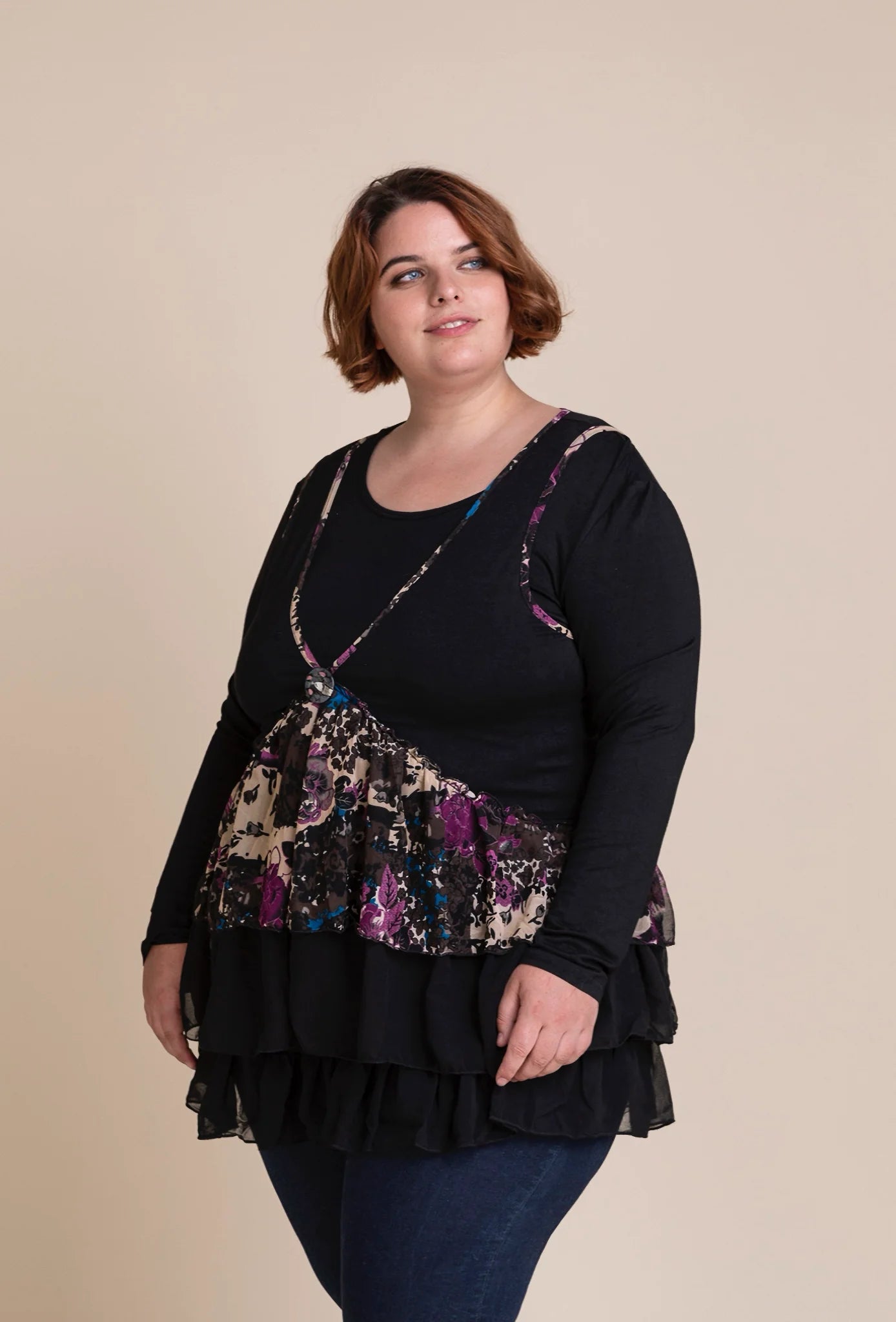  Pomme Rouge Top in gerader Form, aus Baumwolle, A168, Violett-Multi, Blumen, Schick