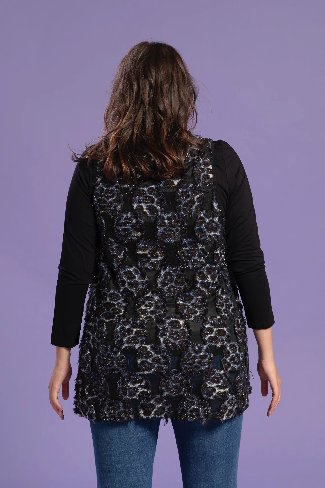  Pomme Rouge Top in gerader Form, aus Rayon, A575, Schwarz-Blau, Animal, Schick, Modern