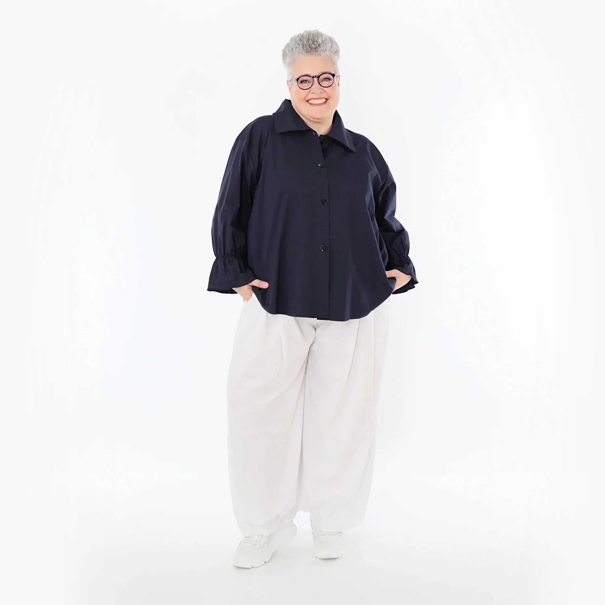  AKH Fashion Bluse in gerundeter Form, aus Baumwolle, 1482.07062, Marine, Ausgefallen