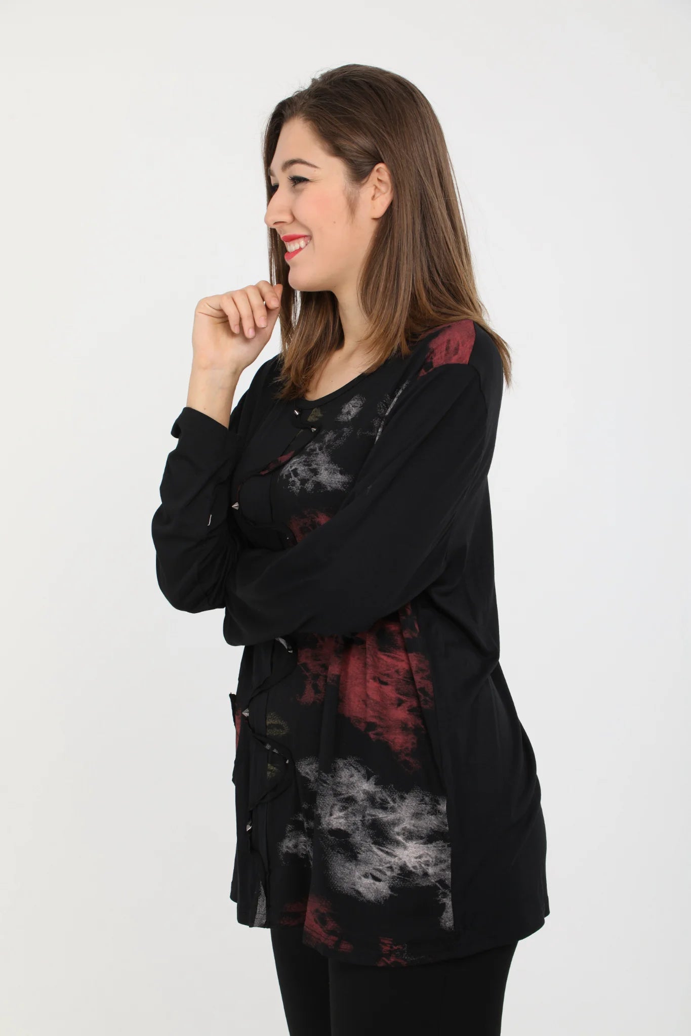  Shirt von Pomme Rouge aus Viskose in gerader Form, C6176, Schwarz-Multi, Schick, Modern