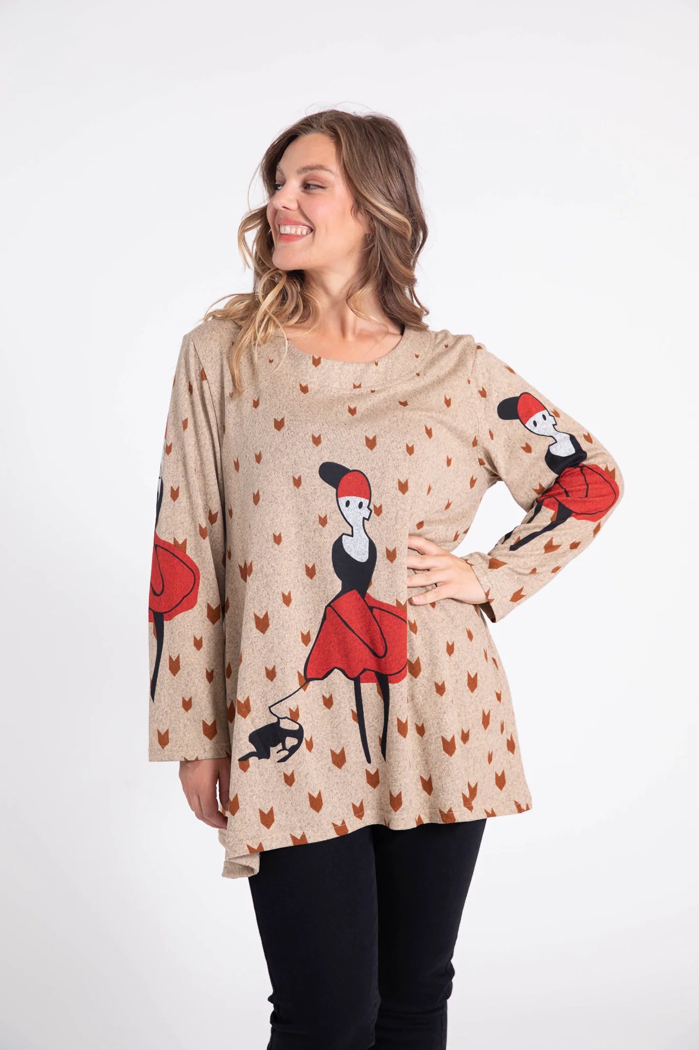  Pomme Rouge Shirt in gerader Form, aus Polyester, C6514, Taupe-Rot, Muster, Schick