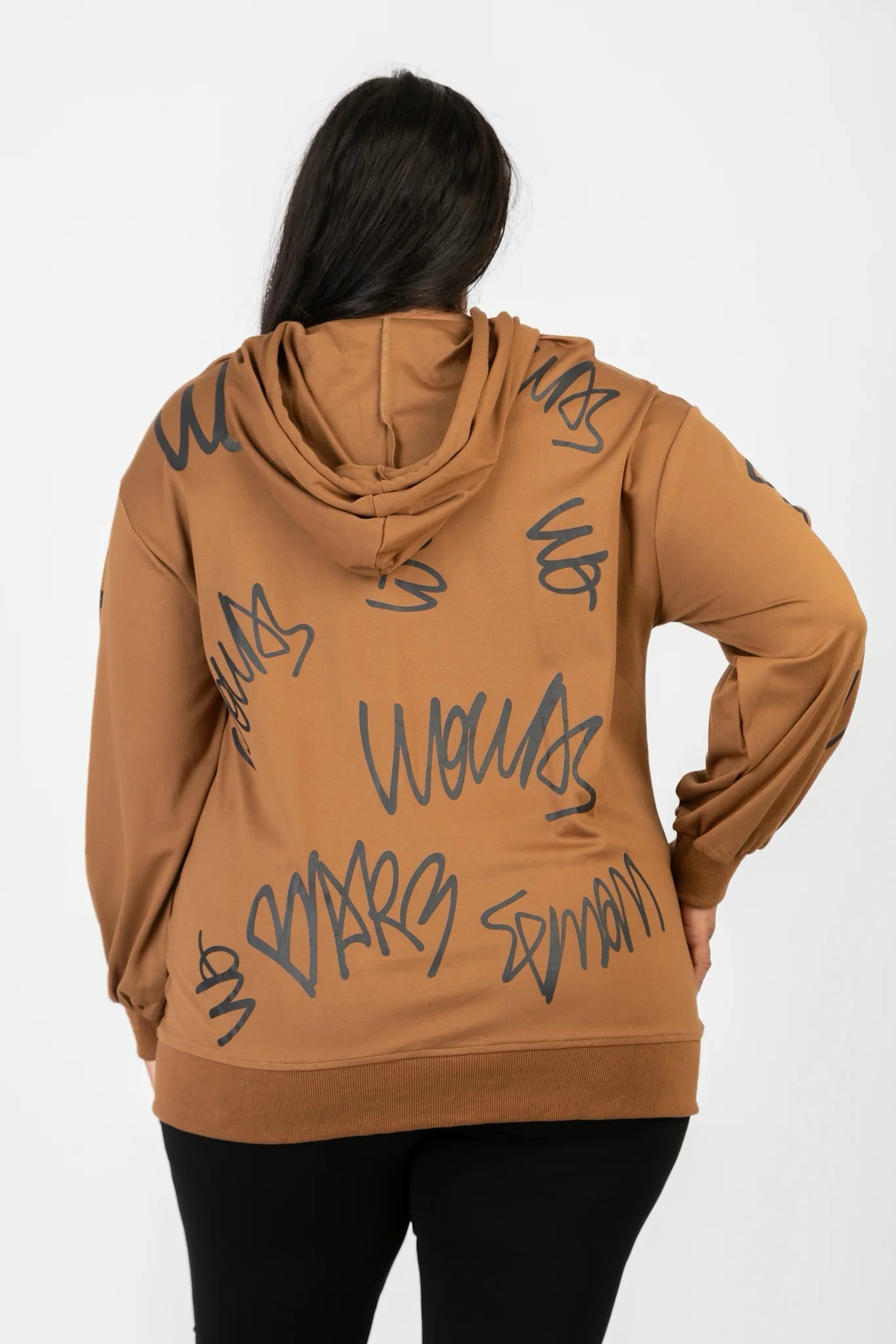  Modischer Hoody in Cognac-Schwarz mit Katzen-Gesicht-Druck und funkelnden Strass-Applikationen