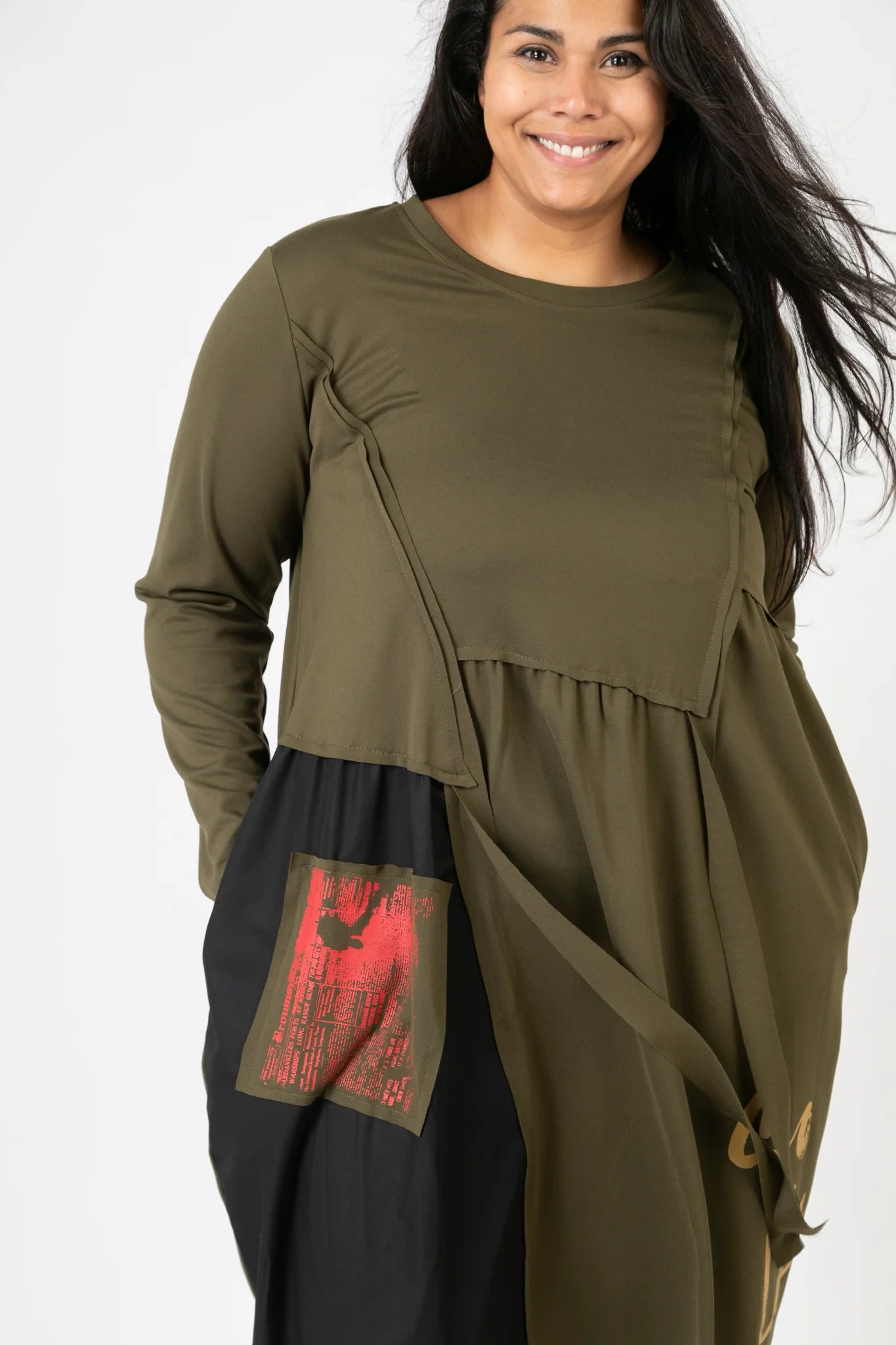  Pomme Rouge Kleid in gerader Form, aus Viskose, C6637, Khaki-Multi, Muster, Schick