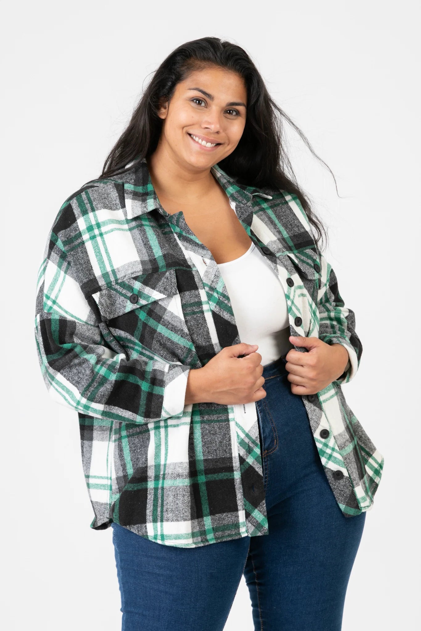  Pomme Rouge Jacke in gerundeter Form, aus Polyester, C6650, Schwarz-Weiß-Grün, Kariert