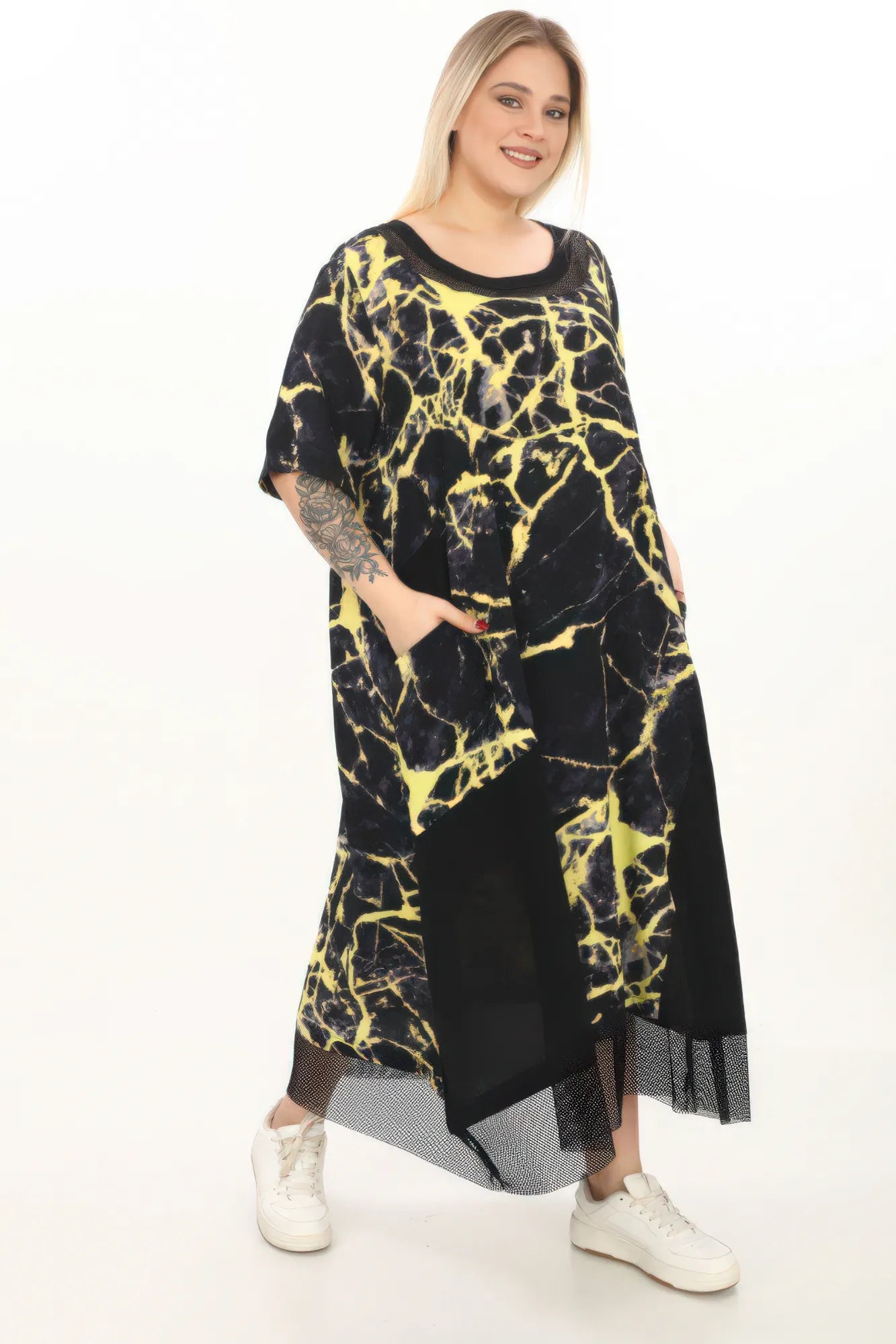  A-Form Kleid von Divas Planet aus Viskose, DP20077, Schwarz/Gelb, Abstrakt, Schick, Schick