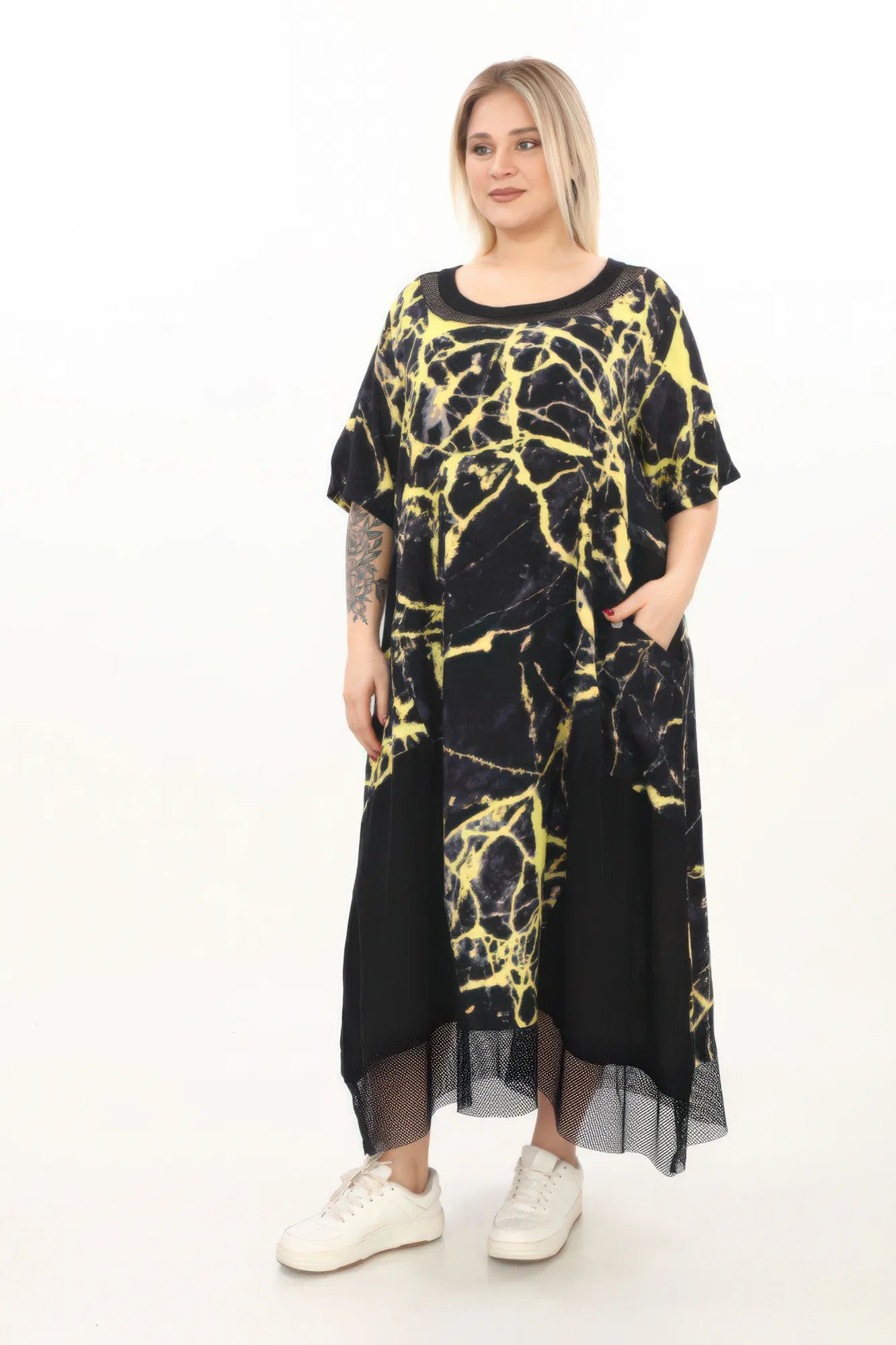  A-Form Kleid von Divas Planet aus Viskose, DP20077, Schwarz/Gelb, Abstrakt, Schick, Schick
