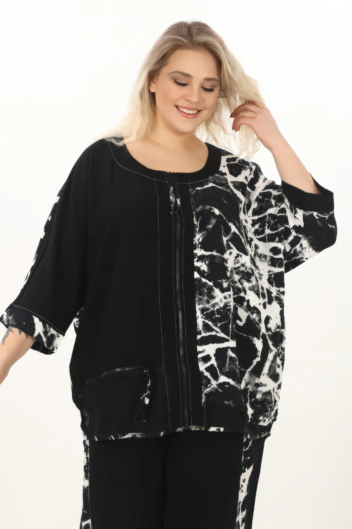  Divas Planet 2-Teiler in gerader Form, aus Viskose, DP6149, Schwarz/Weiß, Abstrakt, Schick