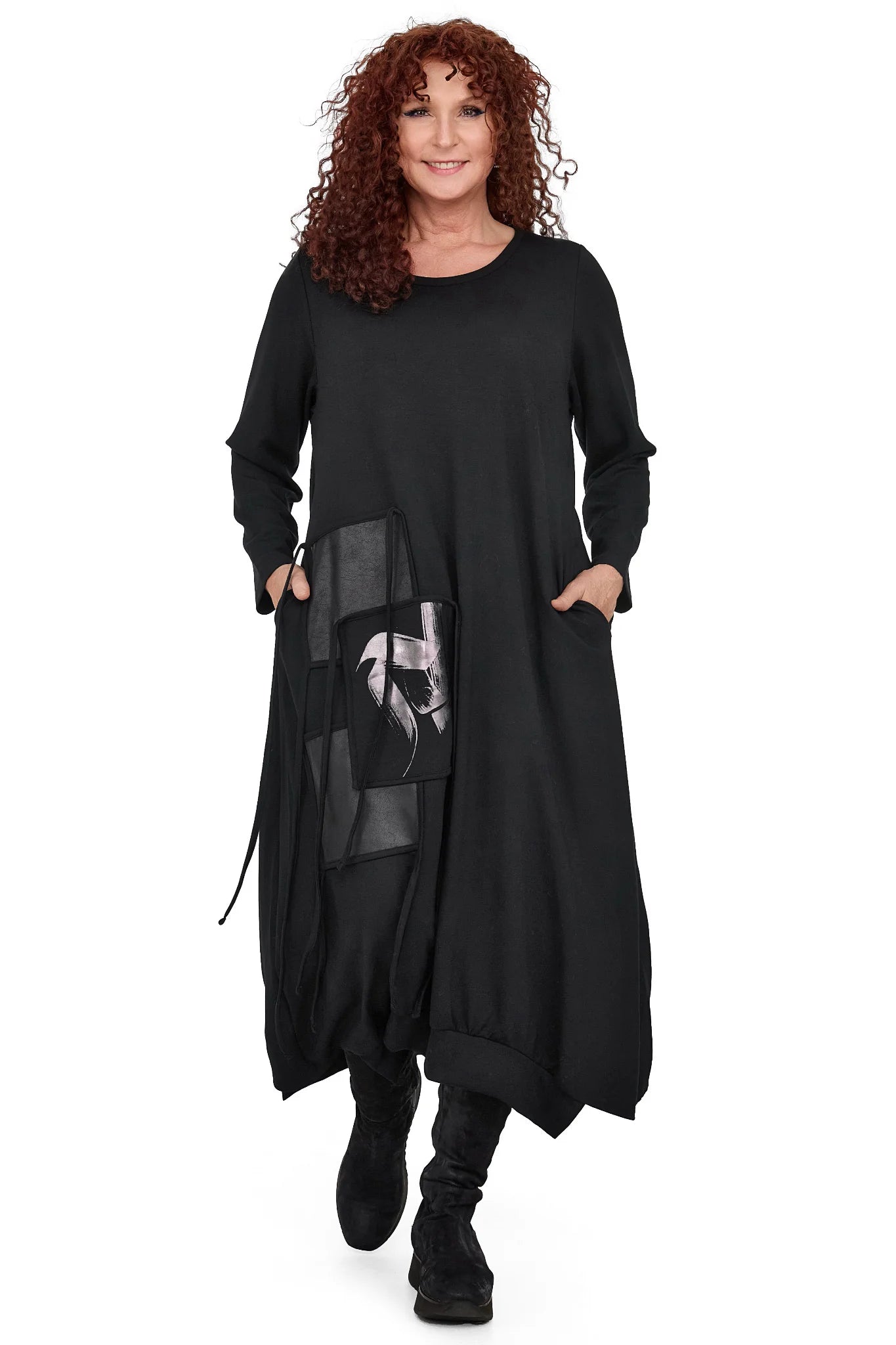  Klassisches A-Form Kleid in Viskose mit Rundhalsausschnitt und langen Ärmeln für curvy Damen