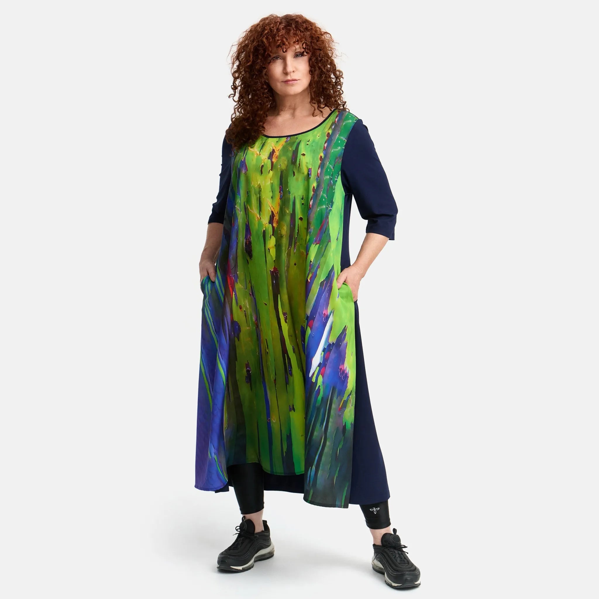  A-Form Kleid von Frenzi aus Viskose, F1512, Schwarz-Grün-Print, Schick, Modern, Bequem, Schick