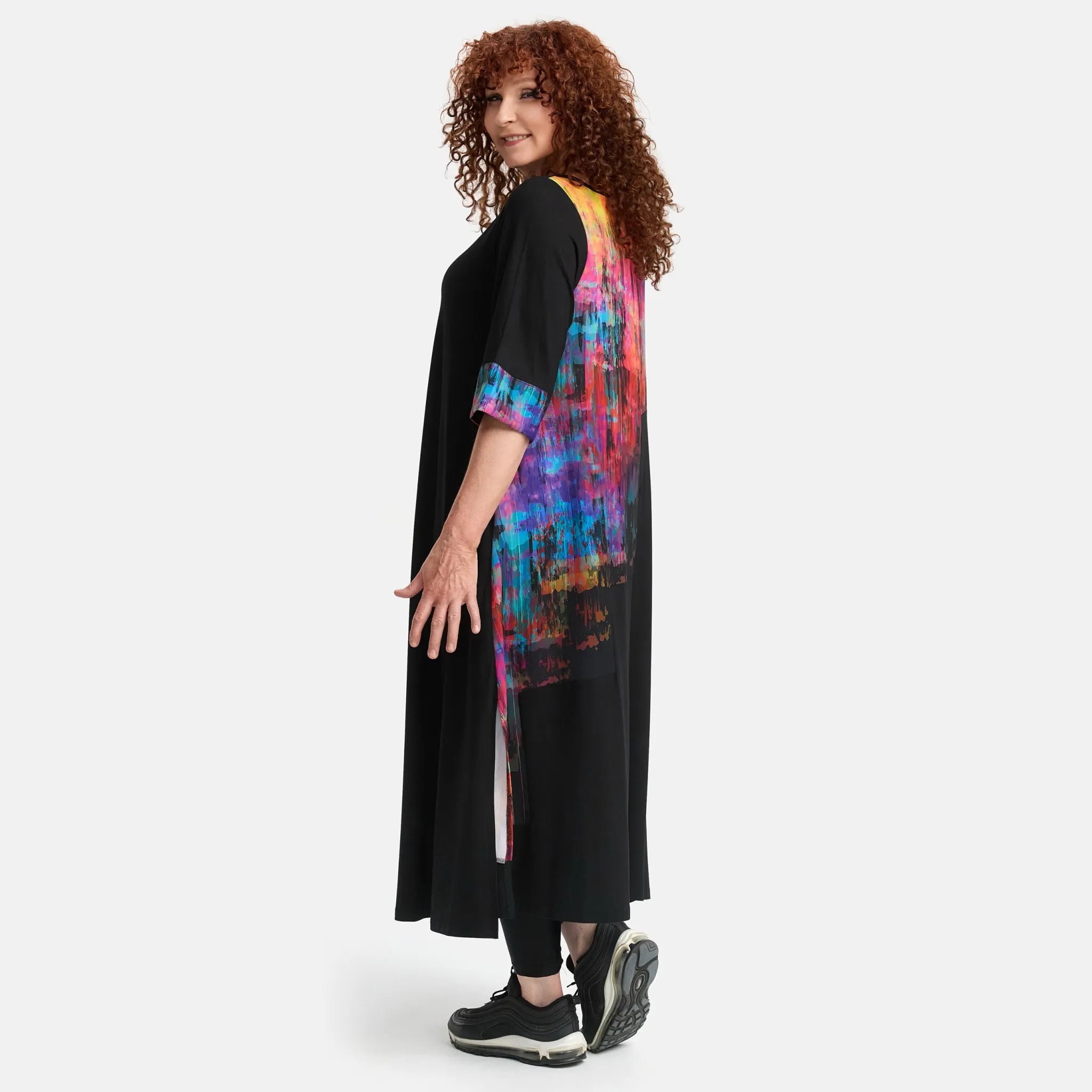  A-Form Kleid von Frenzi aus Viskose, F1515, Schwarz-Rot-Print, Schick, Modern, Bequem, Schick