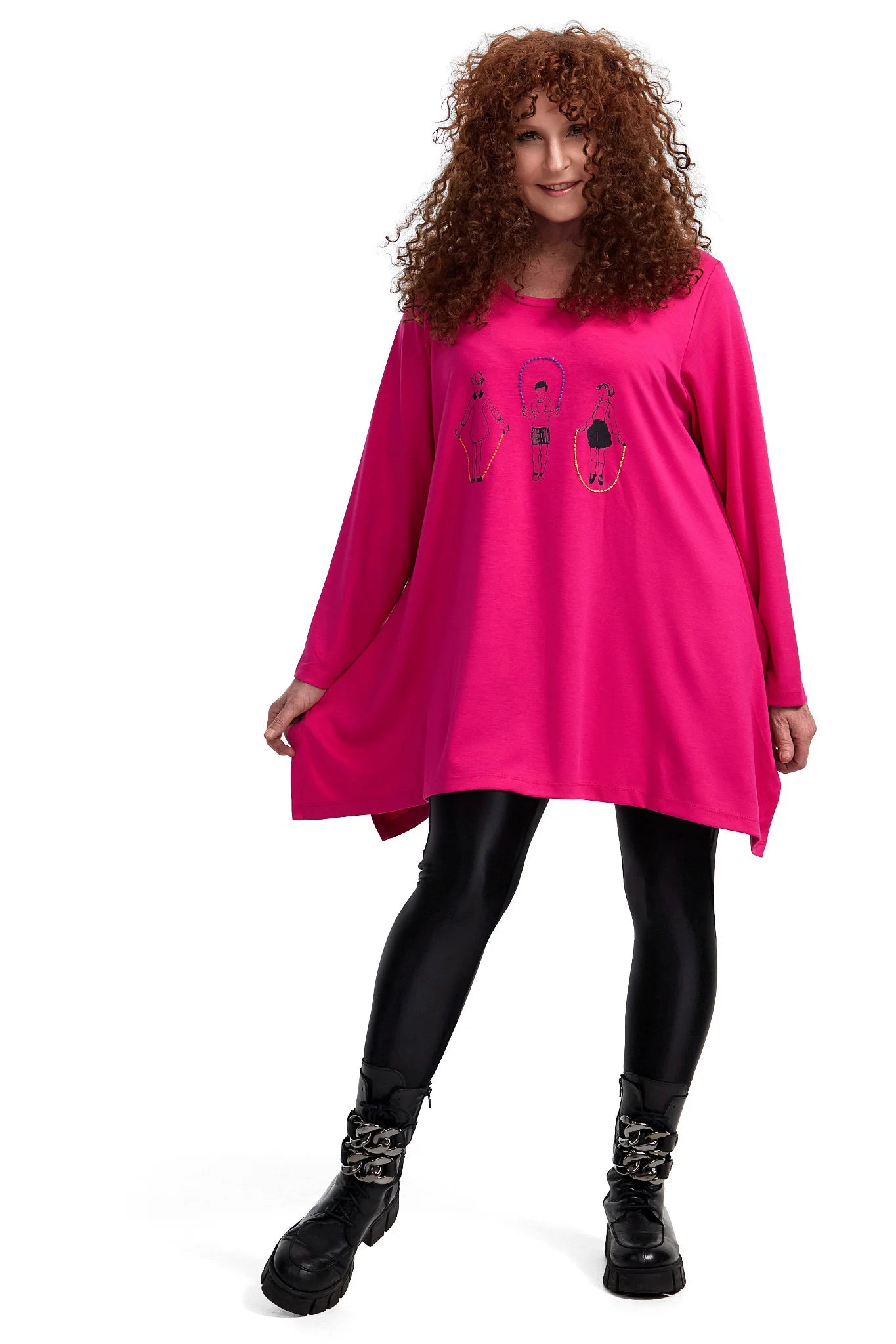  A-Form Shirt in auffälligem Pink mit langen Ärmeln und Rundhalsausschnitt für Plus Size Fashion