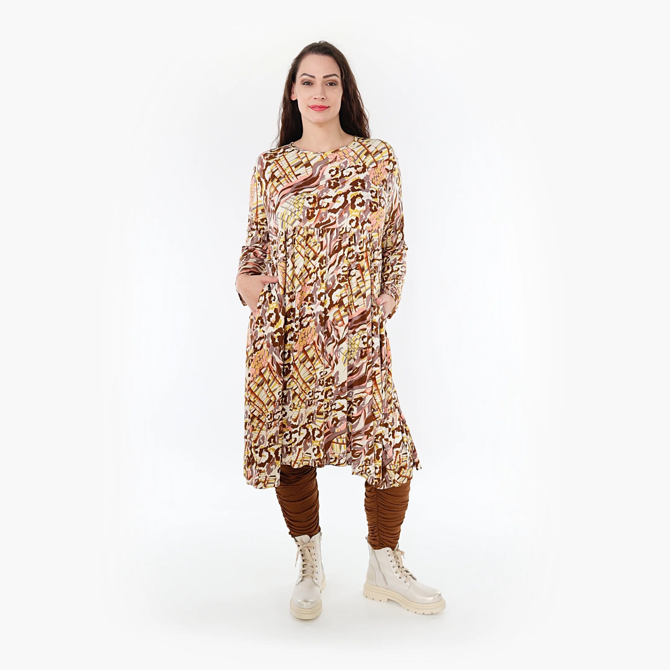  Ballonkleid von AKH Fashion aus Viskose, 1355.06698, Cognac-Rose-Weiß, Muster, Schick