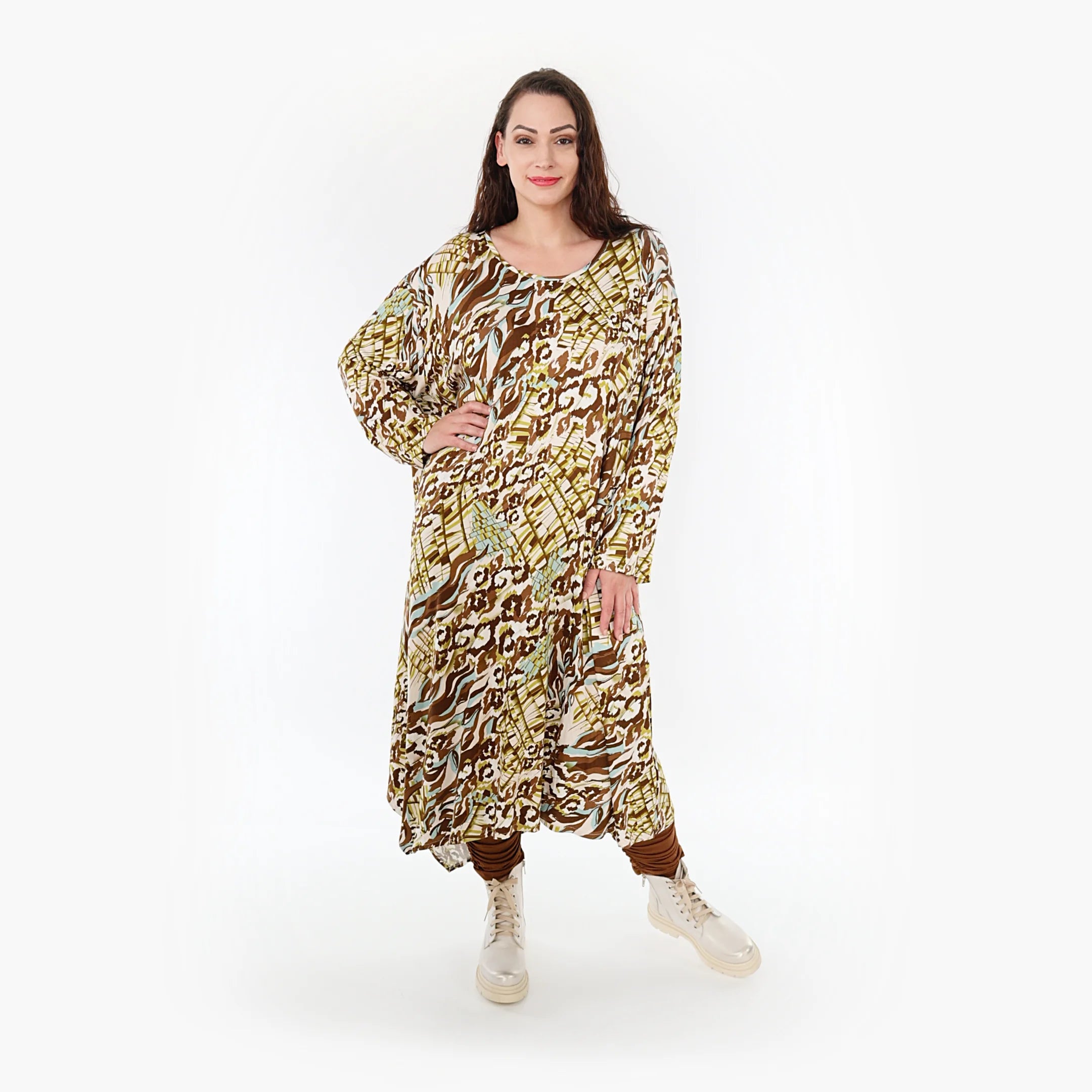  Ballonkleid von AKH Fashion aus Viskose, 1355.01927, Olive-Cognac-Weiß, Muster, Schick