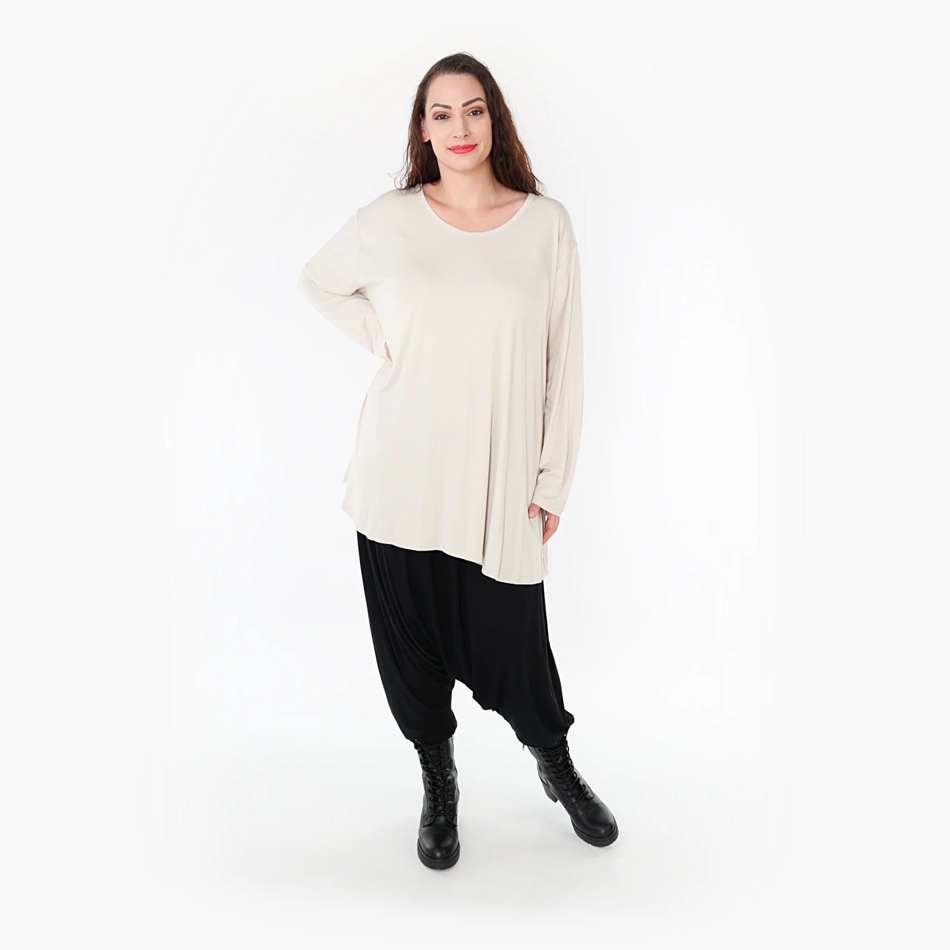  Shirt von AKH Fashion aus Viskose in Glocken-Form, 1233.1892L, Beige, Unifarben, Schick