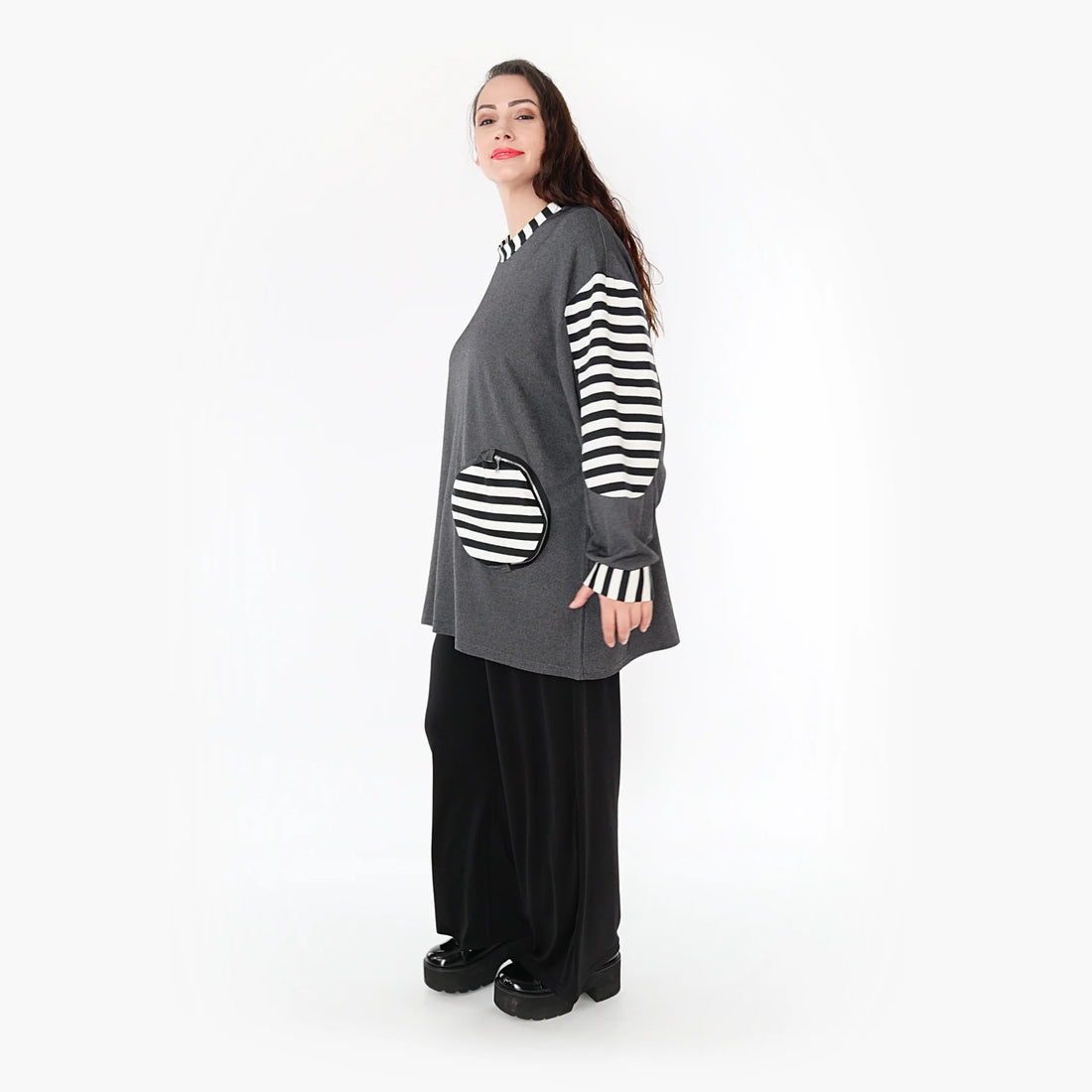  A-Form Bigshirt von AKH Fashion aus Viskose, 1366.06987, Grau-Weiß, Unifarben, Ausgefallen