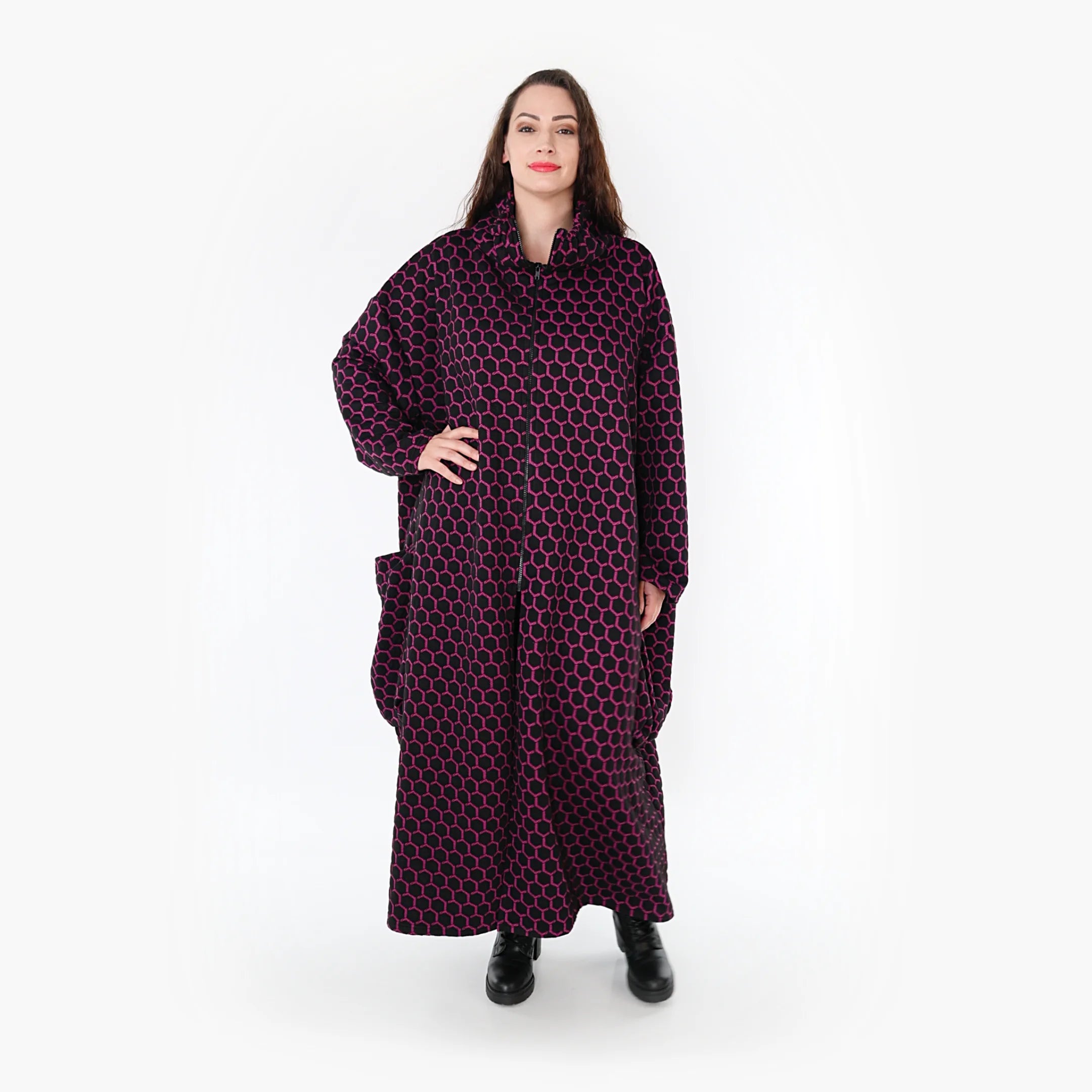  Ballonmantel von AKH Fashion aus Materialmix, 1365.06985, Schwarz-Fuchsia, Raute, Schick