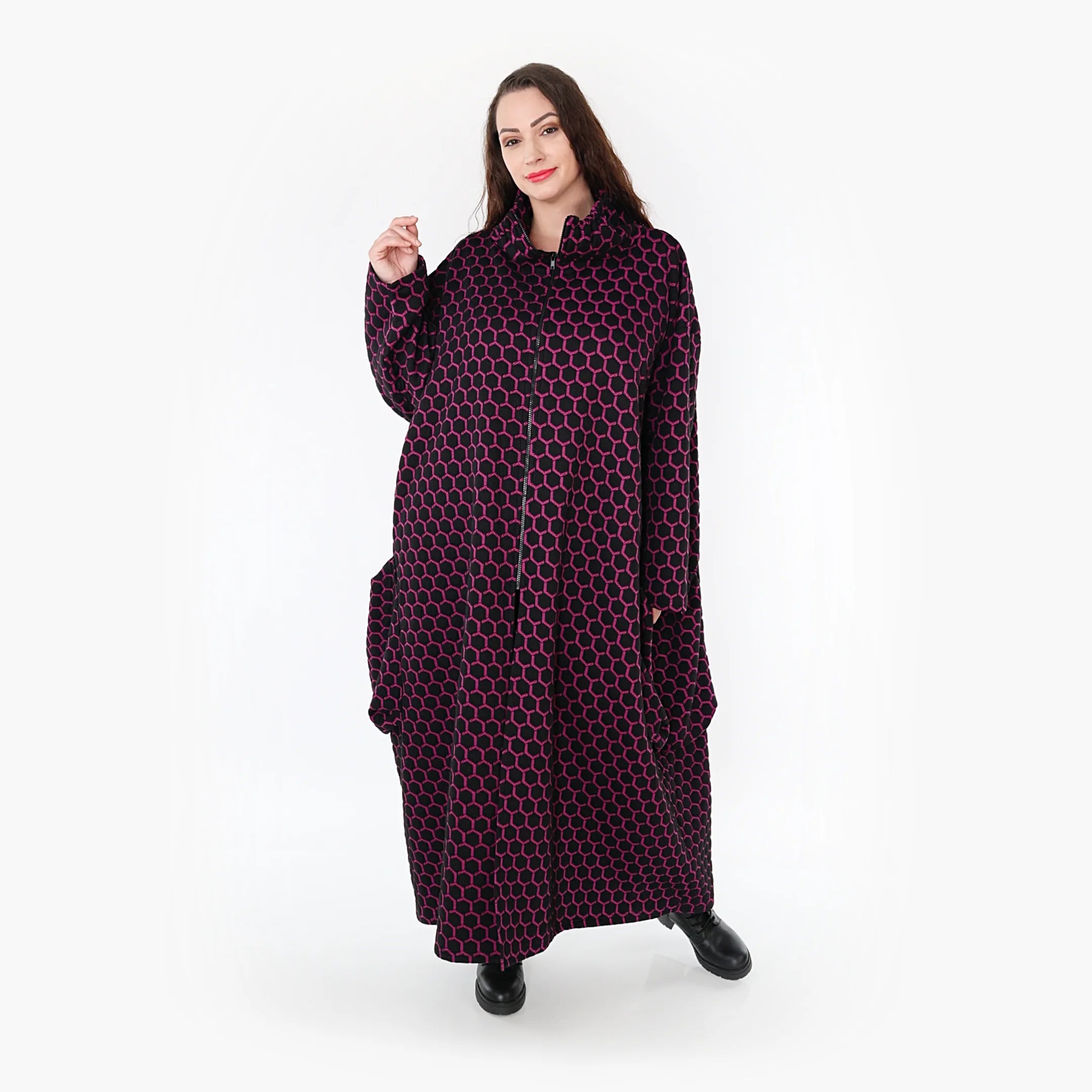  Ballonmantel von AKH Fashion aus Materialmix, 1365.06985, Schwarz-Fuchsia, Raute, Schick