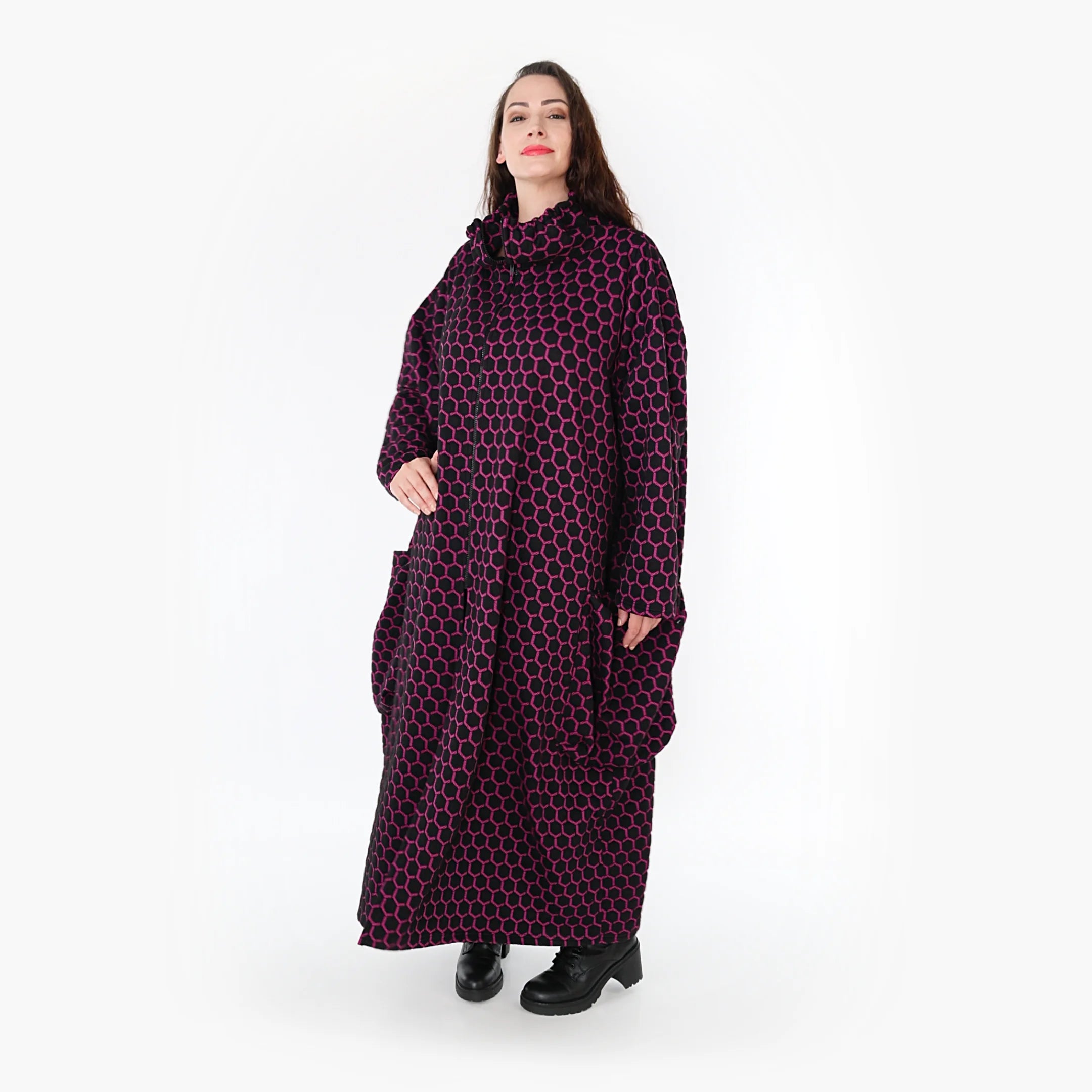  Ballonmantel von AKH Fashion aus Materialmix, 1365.06985, Schwarz-Fuchsia, Raute, Schick