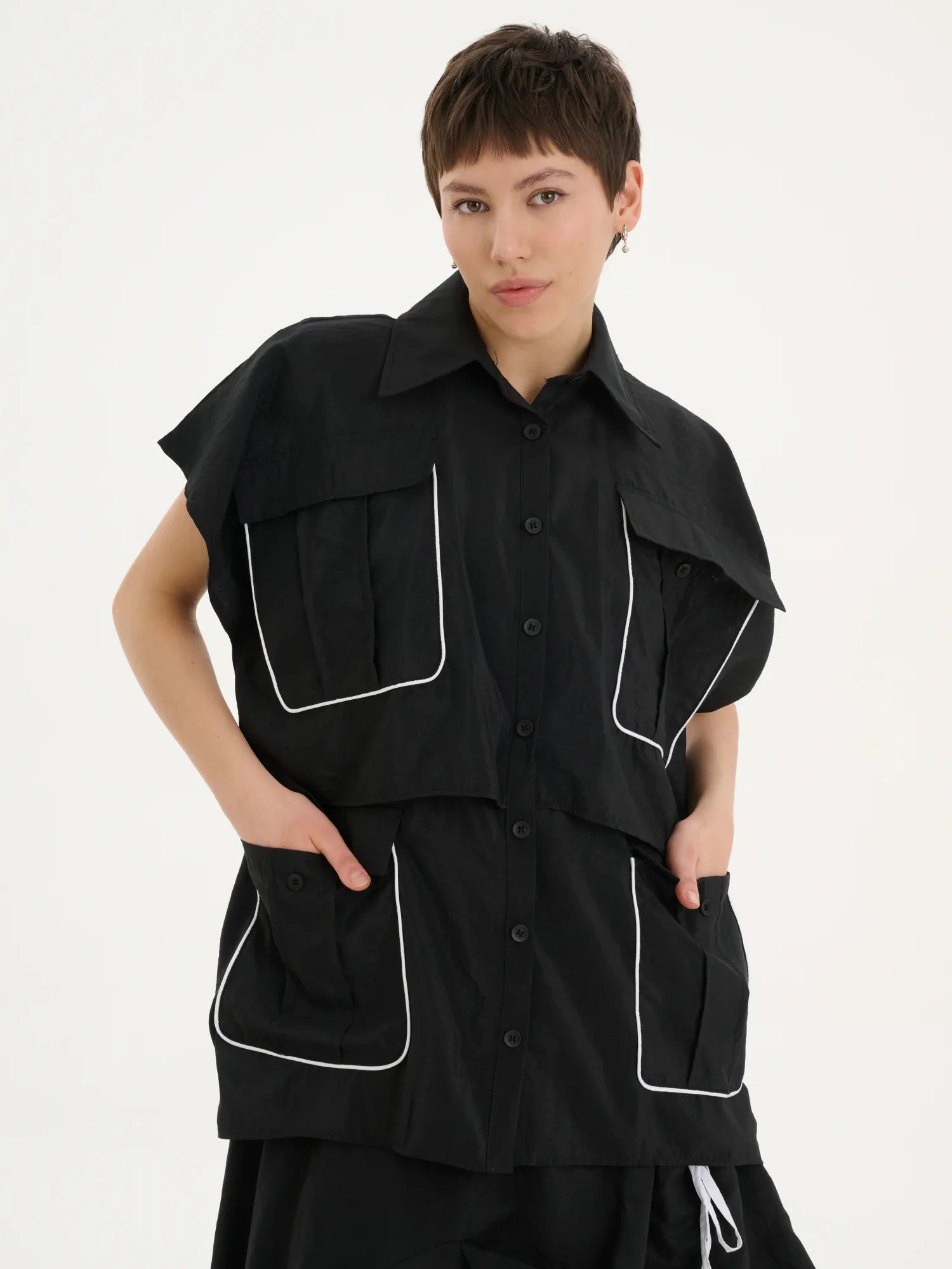  A-Form Bluse von Les Mios aus Baumwolle, 7027, Schwarz/Weiß, Schick, Modern, Bequem