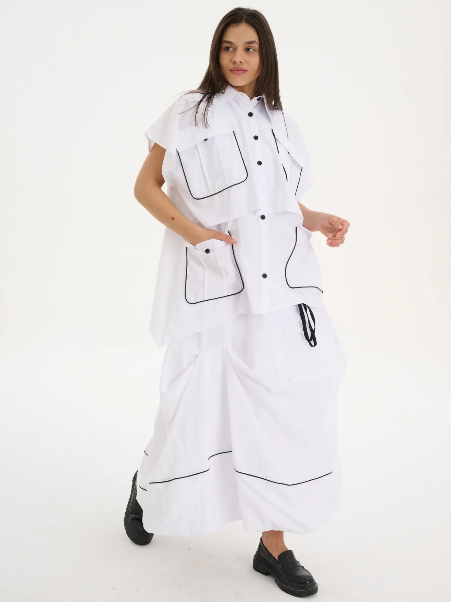  A-Form Bluse von Les Mios aus Baumwolle, 7027, Weiß/Schwarz, Schick, Modern, Bequem