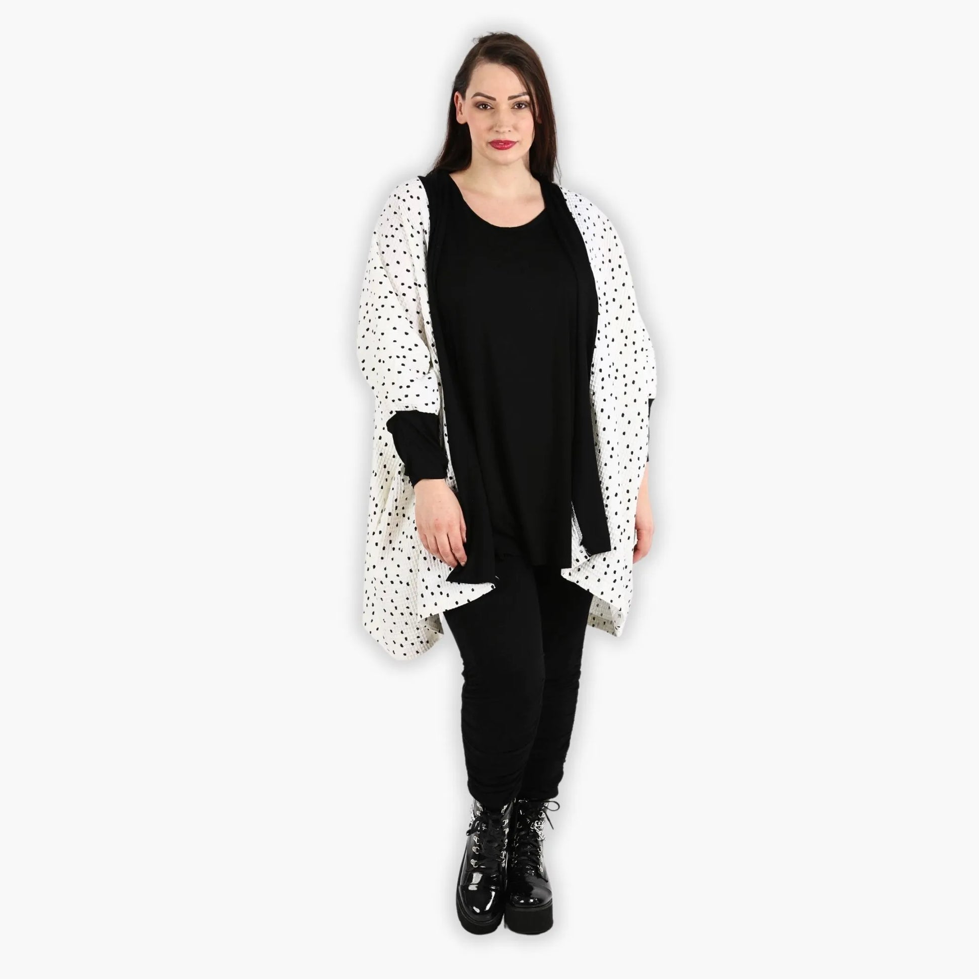  Legerer Cardigan im Lagenlook aus 100% Baumwolle mit Punkten und Waffeloptik für Plus Size Fashion