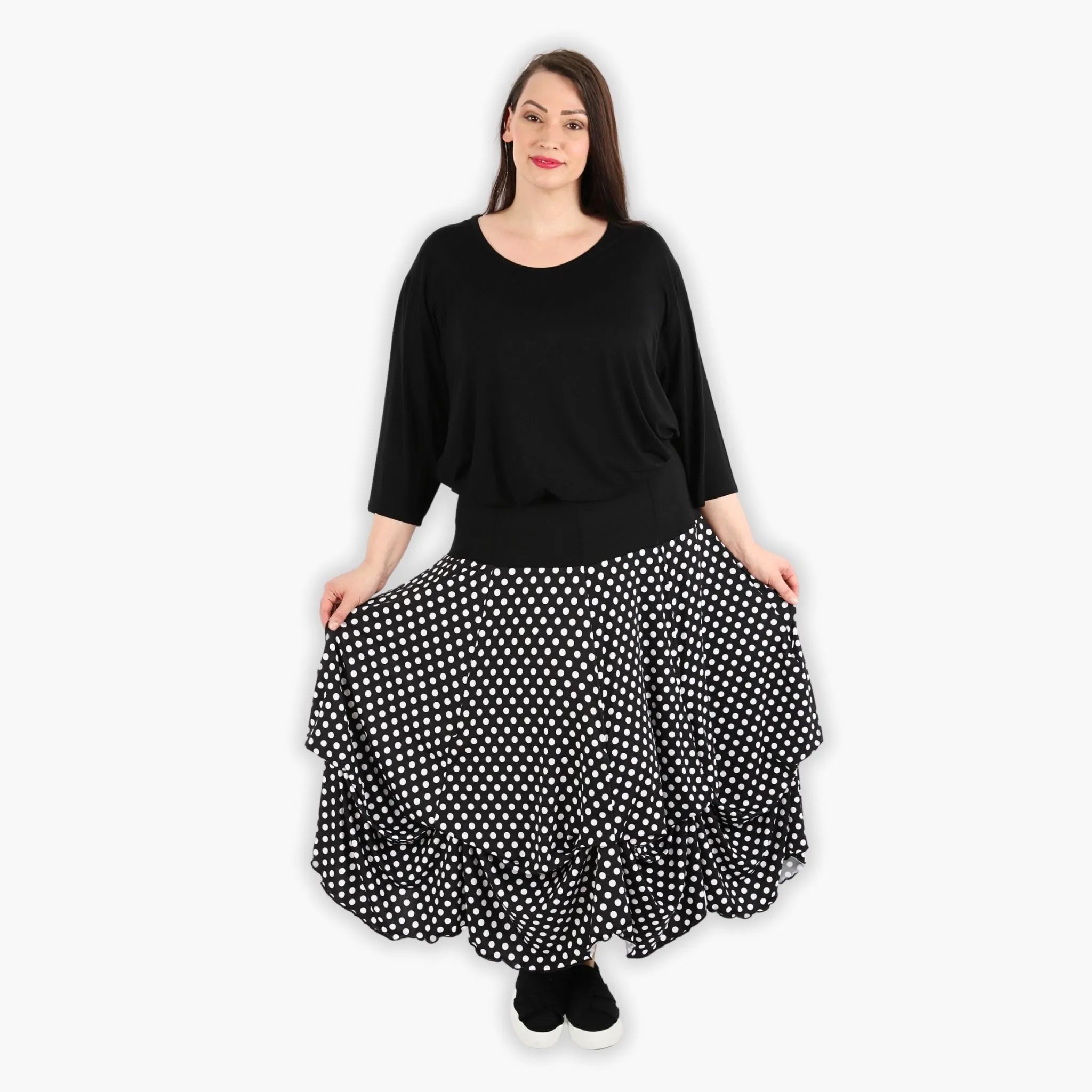  Ballonrock in Schwarz-Weiß mit Punkte-Design aus weicher Viskose - perfekter Sitz für Plus-Size