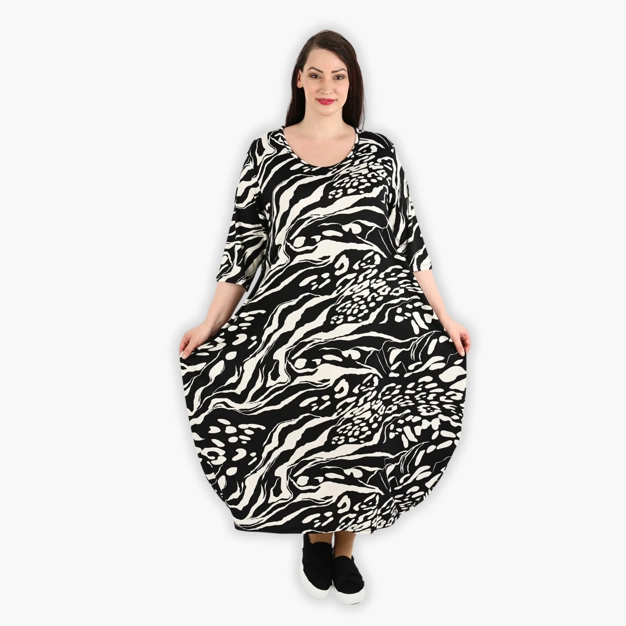  Ballonkleid von AKH Fashion aus Viskose, 1290.01926, Schwarz-Ecru, Abstrakt, Schick