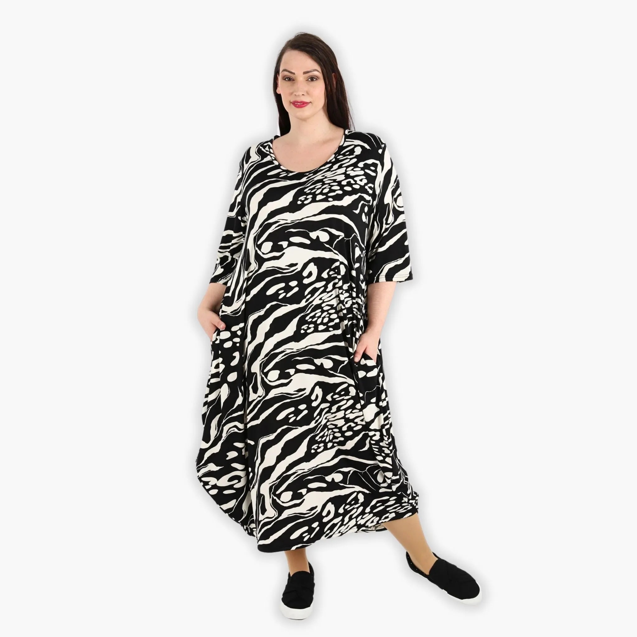  Ballonkleid von AKH Fashion aus Viskose, 1290.01926, Schwarz-Ecru, Abstrakt, Schick
