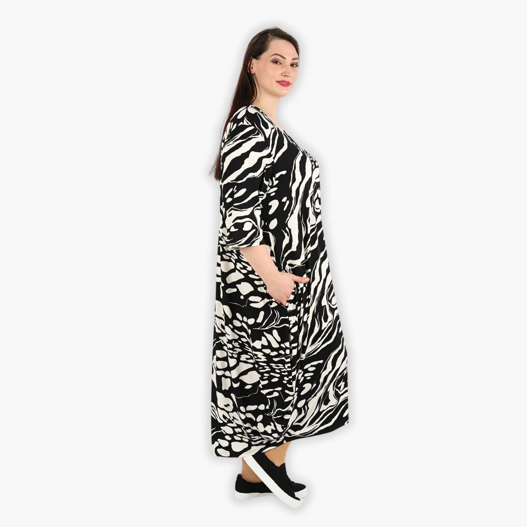  Ballonkleid von AKH Fashion aus Viskose, 1290.01926, Schwarz-Ecru, Abstrakt, Schick