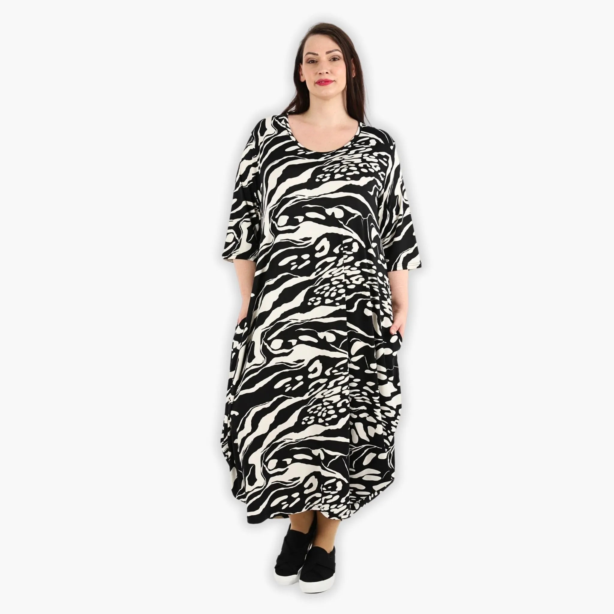  Ballonkleid von AKH Fashion aus Viskose, 1290.01926, Schwarz-Ecru, Abstrakt, Schick