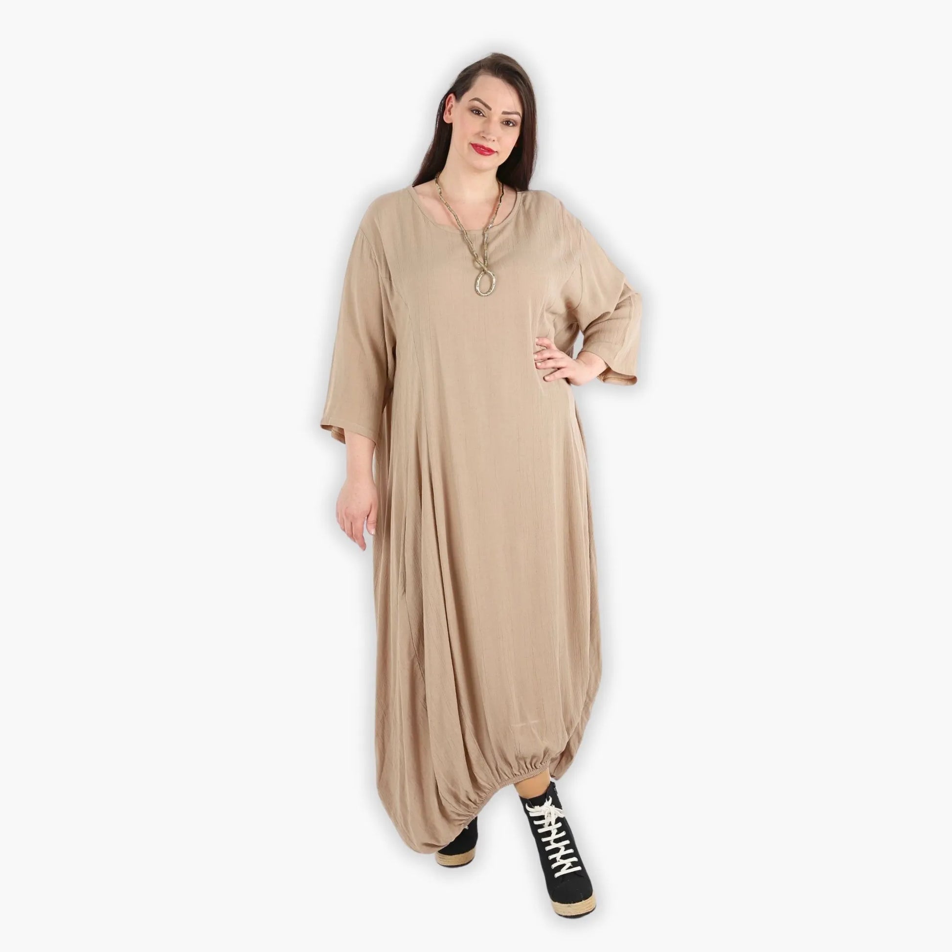  Bezauberndes Ballonkleid in Beige mit elastischem Bund und praktischen Nahttaschen für Plus Size Fashion