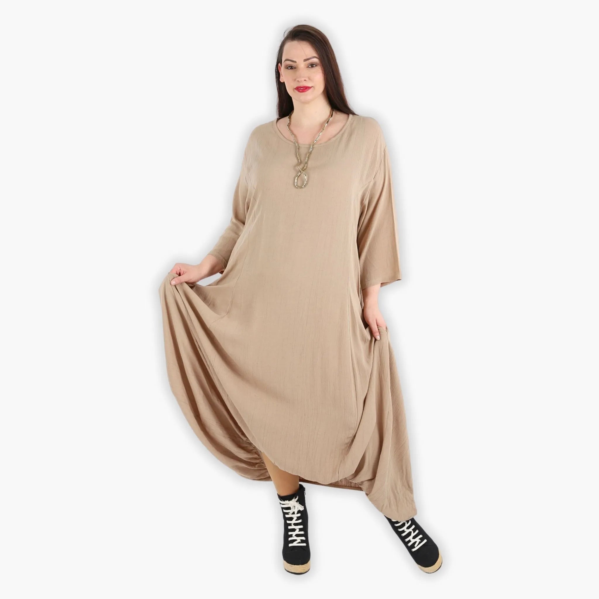  Bezauberndes Ballonkleid in Beige mit elastischem Bund und praktischen Nahttaschen für Plus Size Fashion