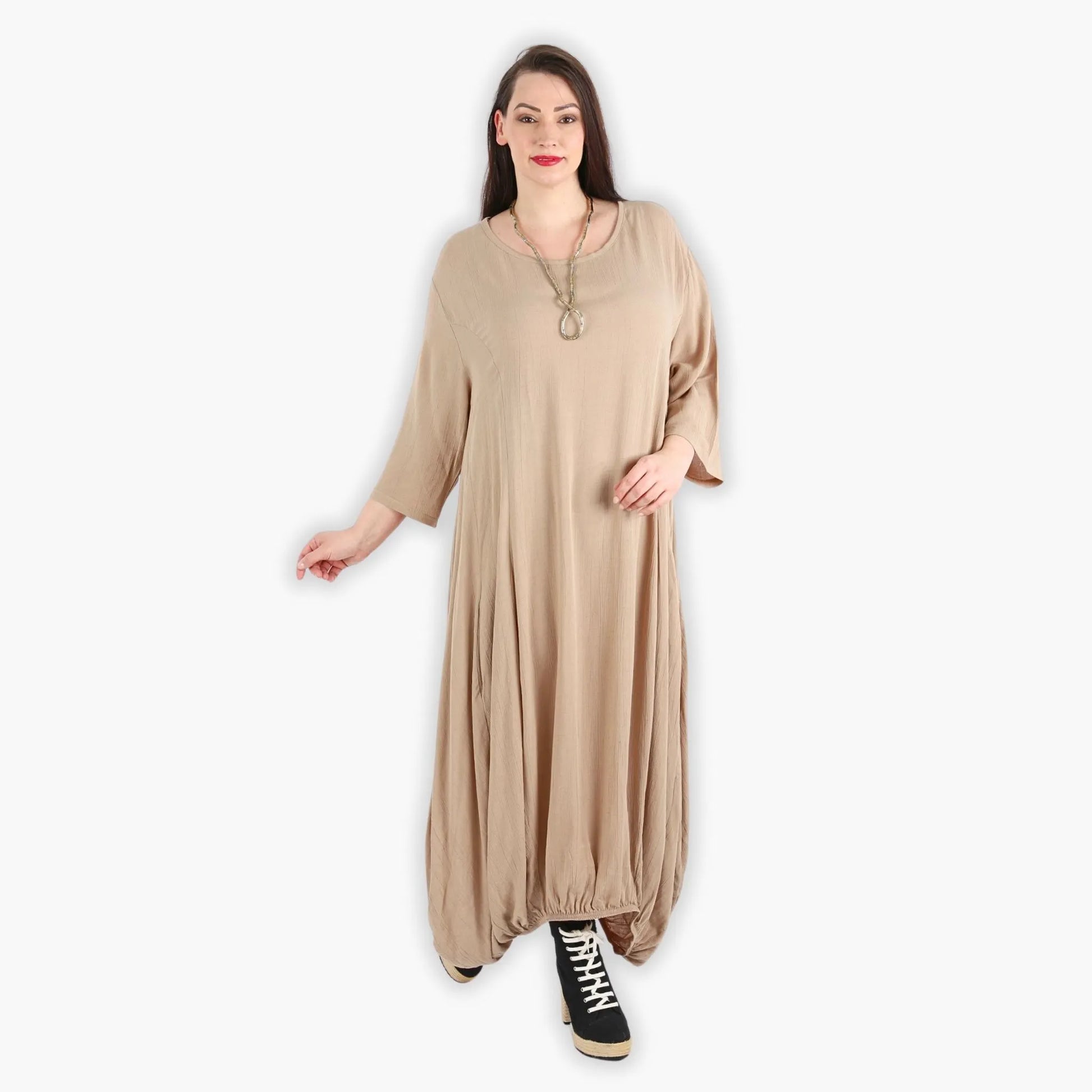  Bezauberndes Ballonkleid in Beige mit elastischem Bund und praktischen Nahttaschen für Plus Size Fashion