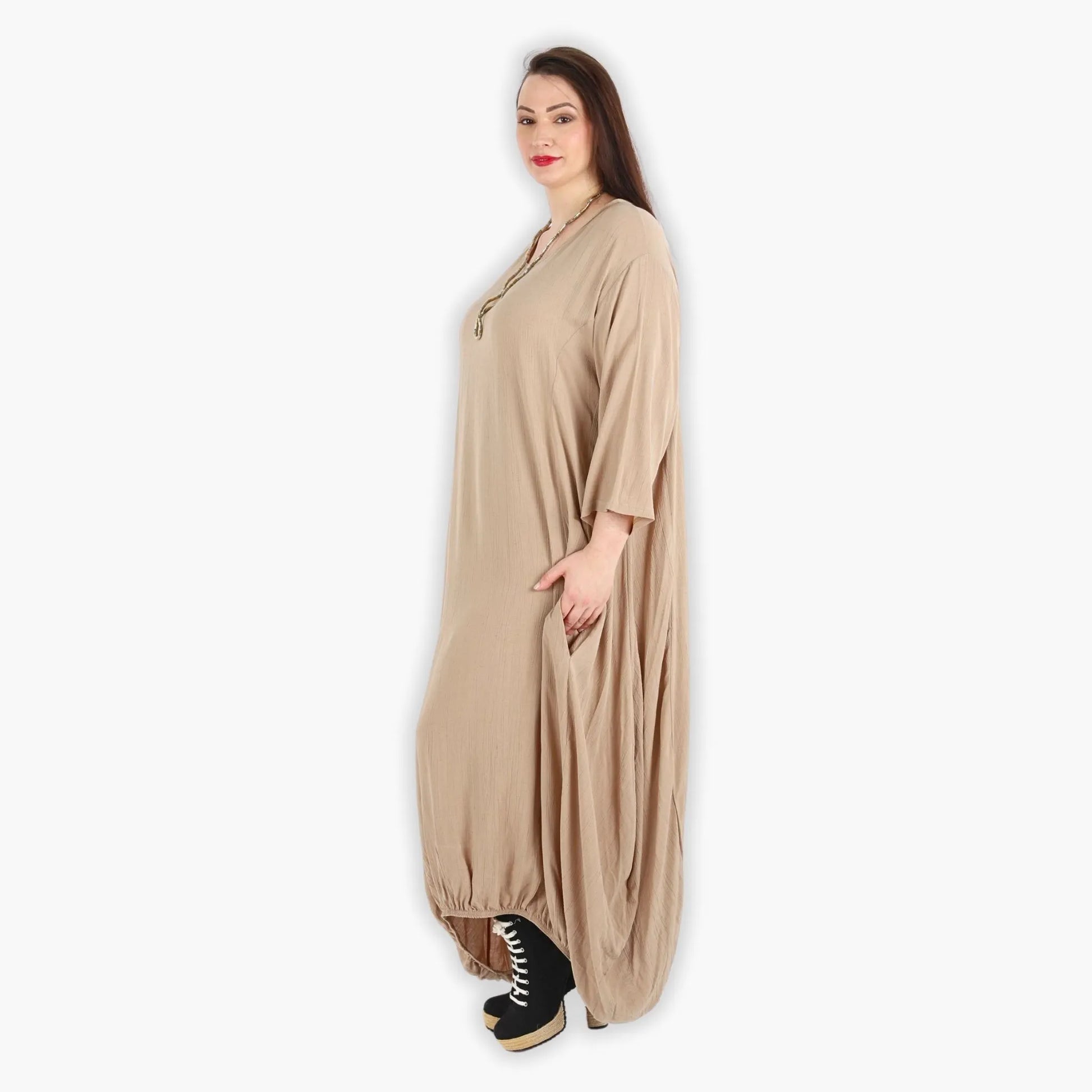  Bezauberndes Ballonkleid in Beige mit elastischem Bund und praktischen Nahttaschen für Plus Size Fashion