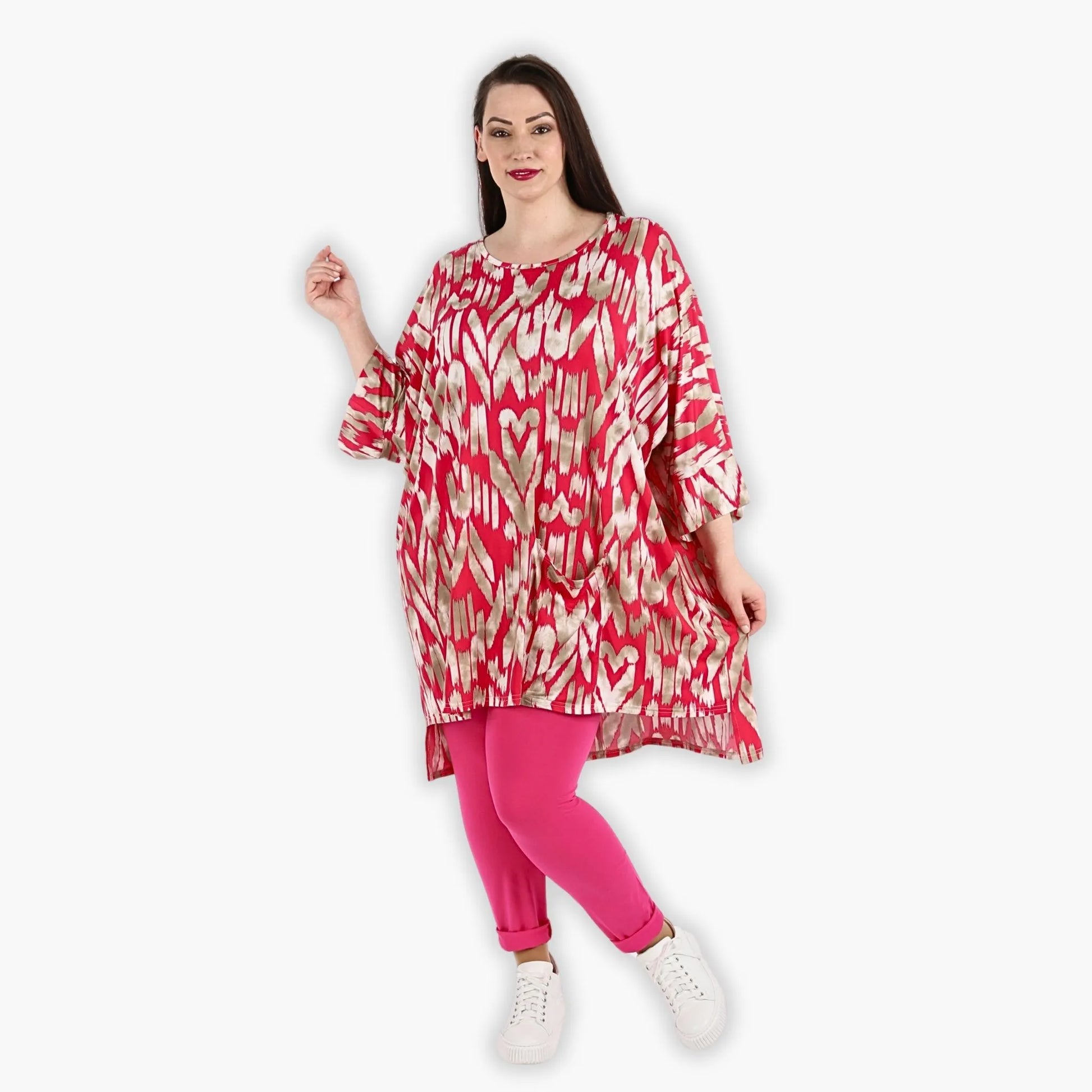  Stylisches Shirt mit Lagenlook und grafischem Muster in Fuchsia-Beige für jeden Tag