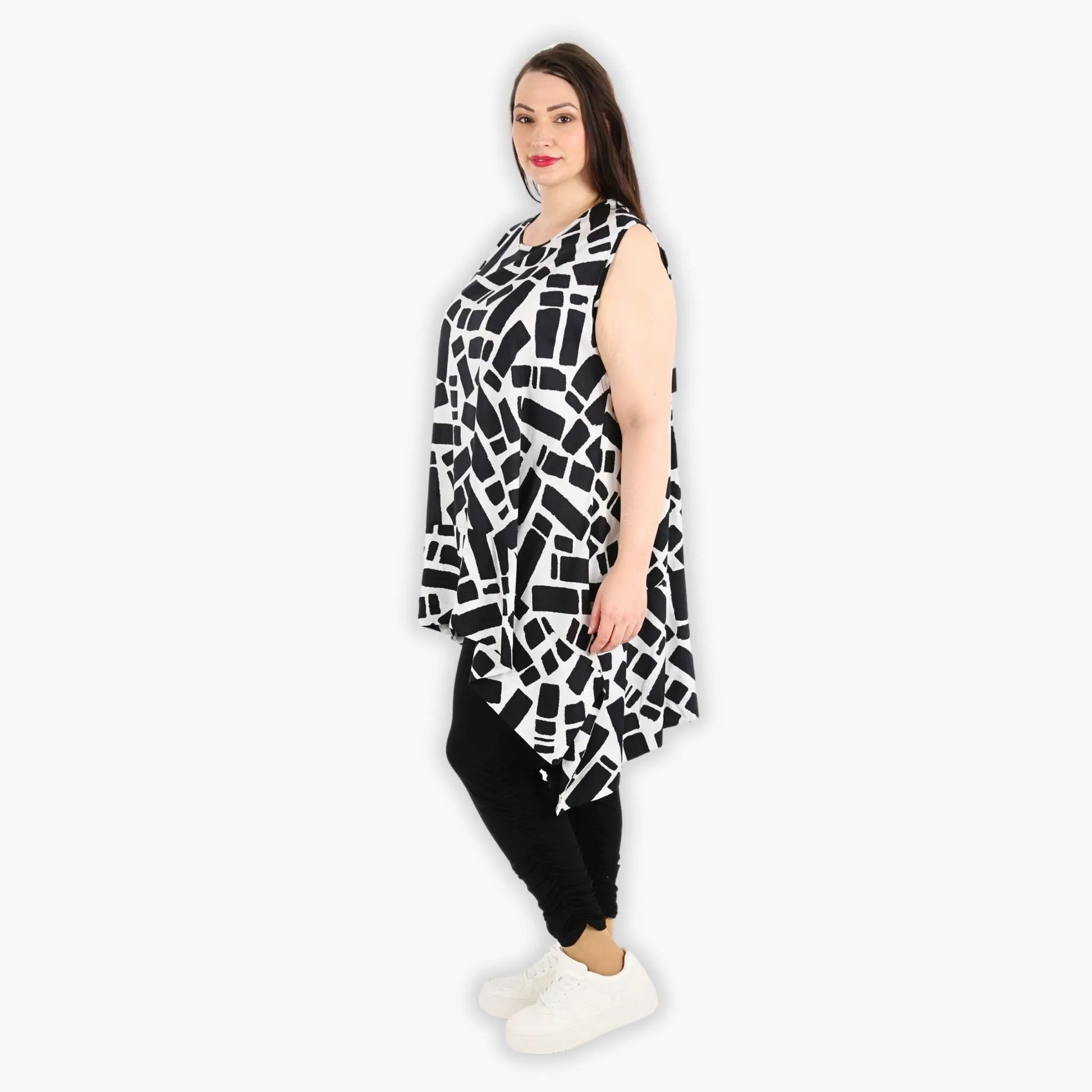  A-Form Tunika in elegantem Schwarz-Weiß aus leichter Viskose für lässige Plus Size Looks