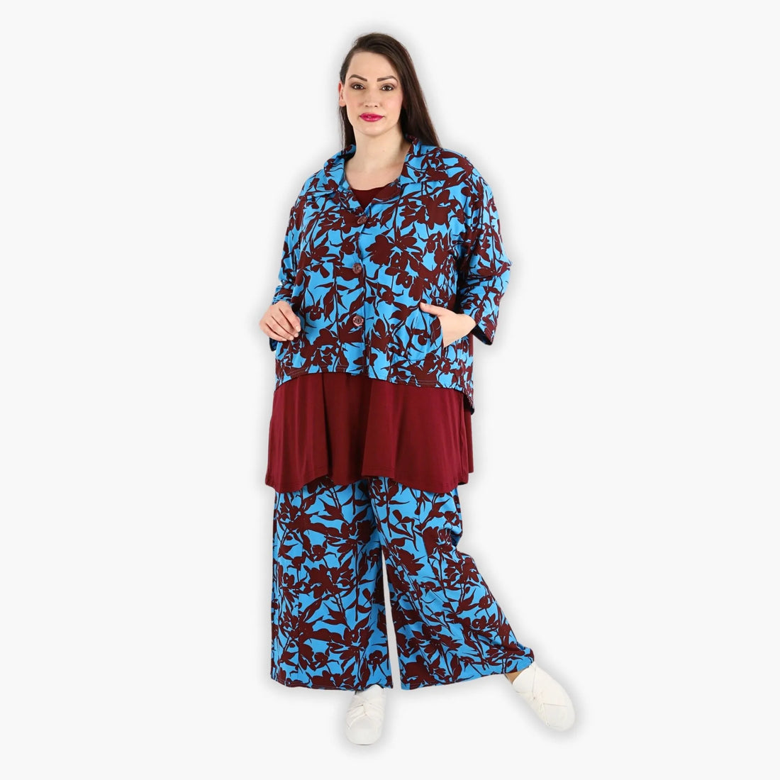  AKH Fashion Jacke in gerundeter Form, aus Viskose, 1304.06910, Maroon-Blau, Blumen