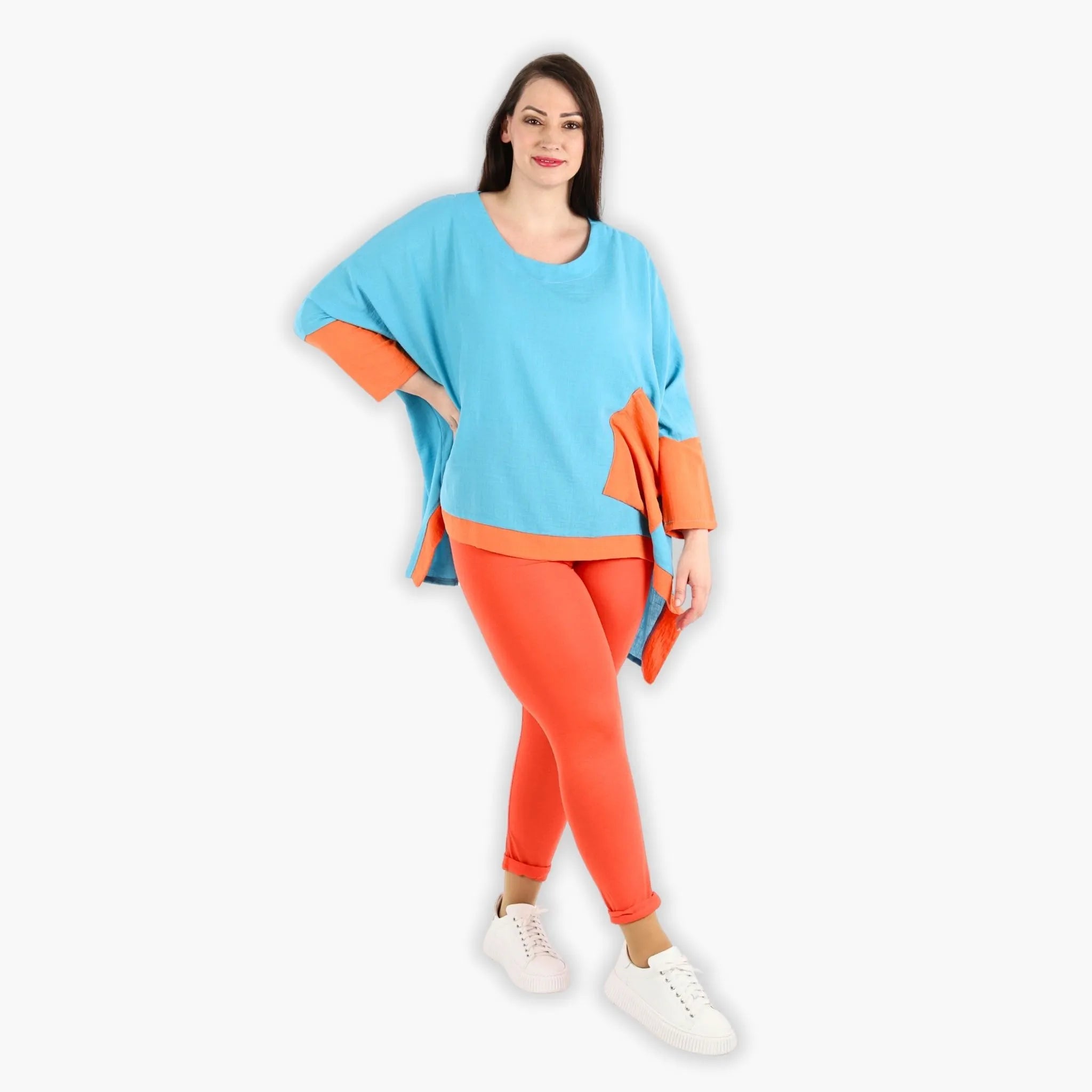  A-Form Bigshirt von AKH Fashion aus Viskose, 1305.02413, Türkis-Orange, Schick, Modern