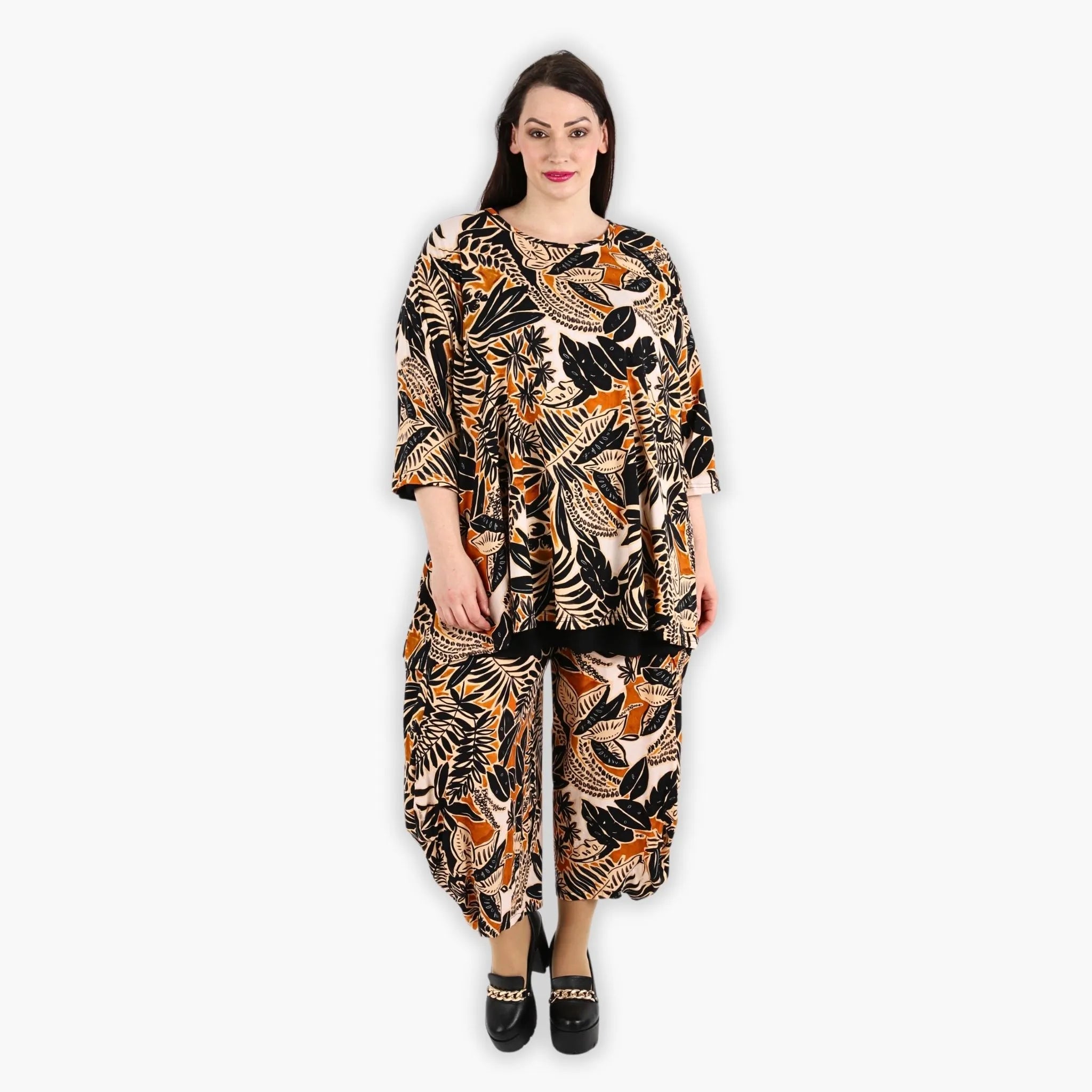  A-Form Bigshirt von AKH Fashion aus Viskose, 1307.00593, Schwarz-Cognac-Beige, Farbmix