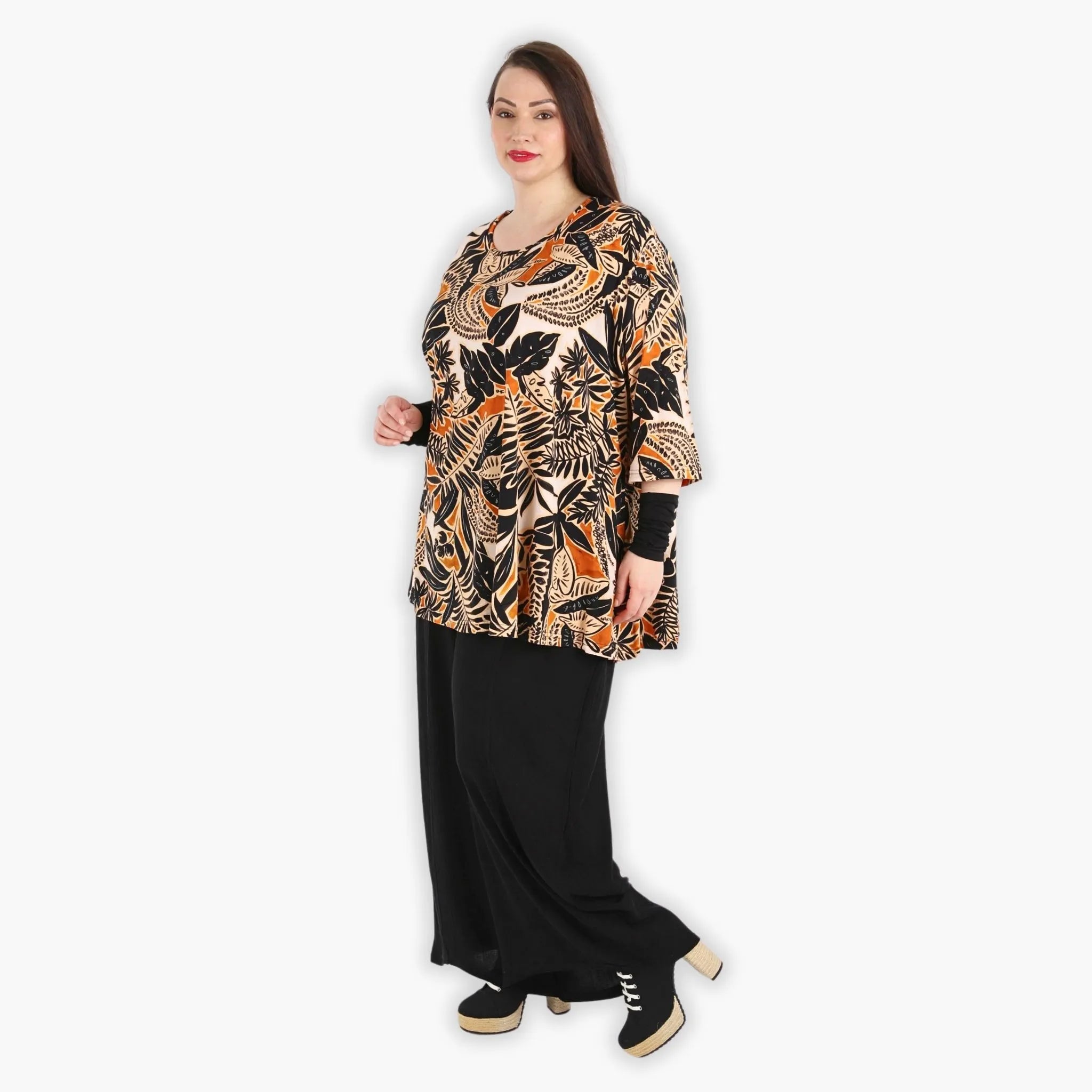  A-Form Bigshirt von AKH Fashion aus Viskose, 1307.00593, Schwarz-Cognac-Beige, Farbmix